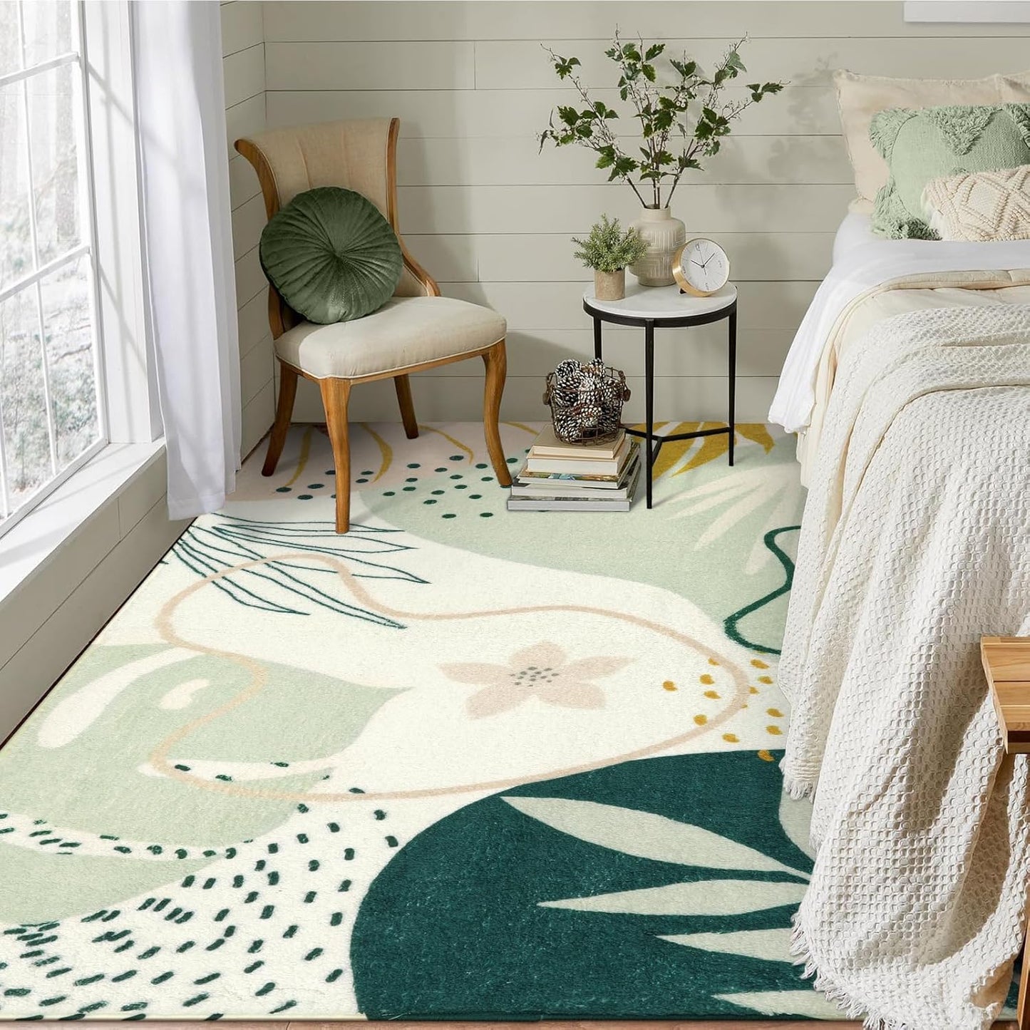Lahome Green Machine Washable Living Room Rugs - 4x6 Area for Bedroom Throw Non-Slip Lightweight Dining Rug, Boho Botanical Print Soft Indoor Carpet Office Laundry Kitchen Entryway 4' x 6'