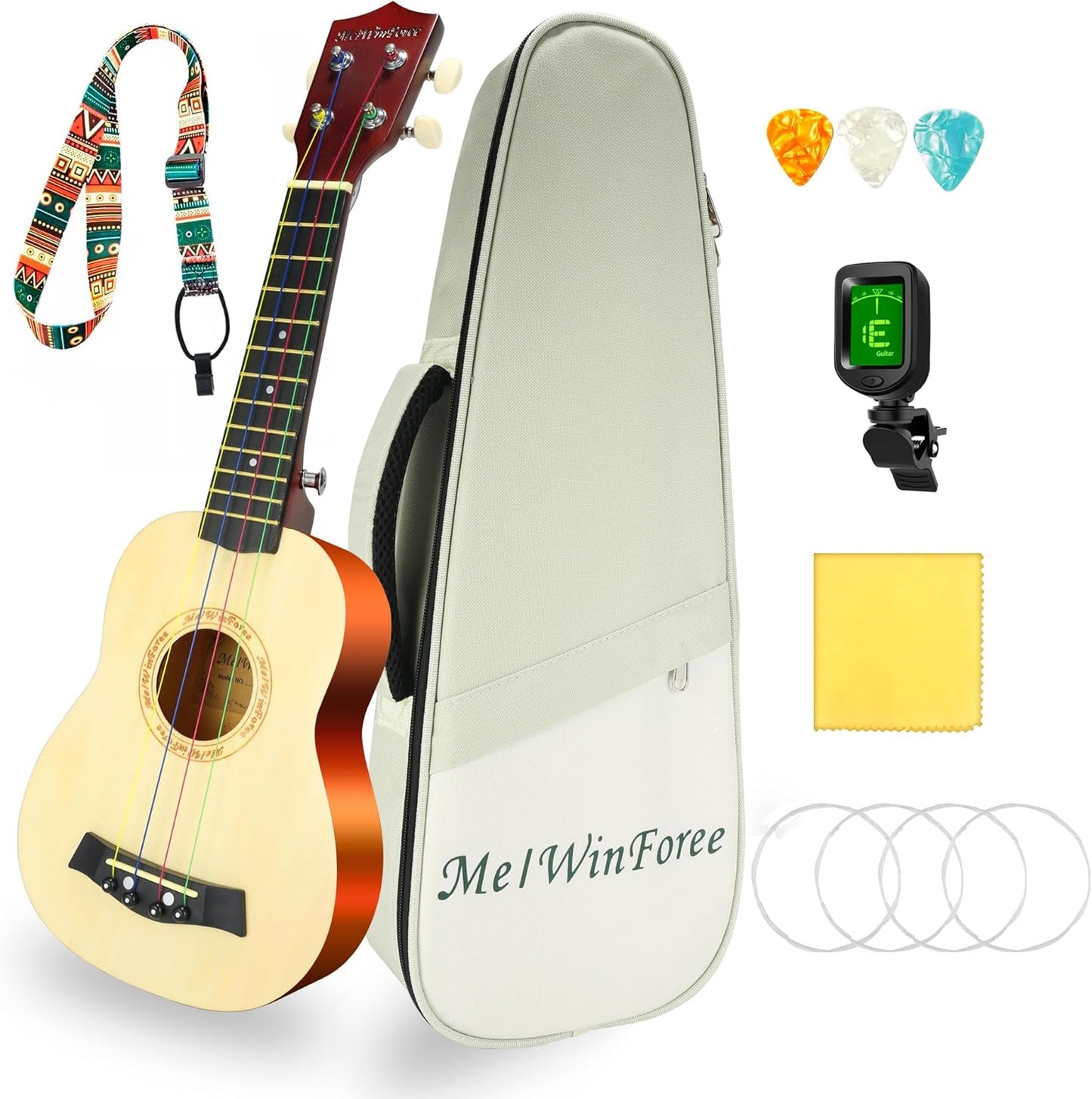 Soprano Ukulele 21 - Beginner Kit for Kids, Complete with Gig Bag, Strap, Tuner, Strings, Picks, Cloth - Ideal for Concerts, Left-Handed Friendly - Perfect Beginner Ukulele