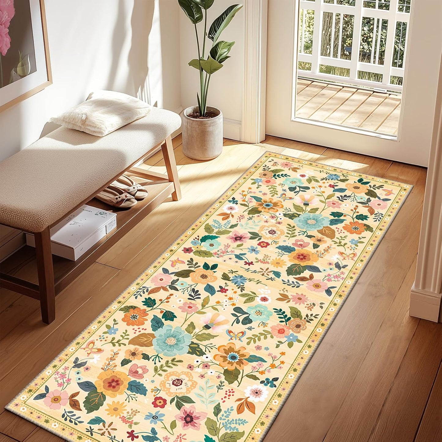 Floral 2x8 Area Rug Machine Washable Soft Print Boho Carpet Non Slip Doormat Low Pile Flower Area Rugs for Living Room Bedroom Nursery Kitchen Dining Room Indoor-Ivory/Yellow