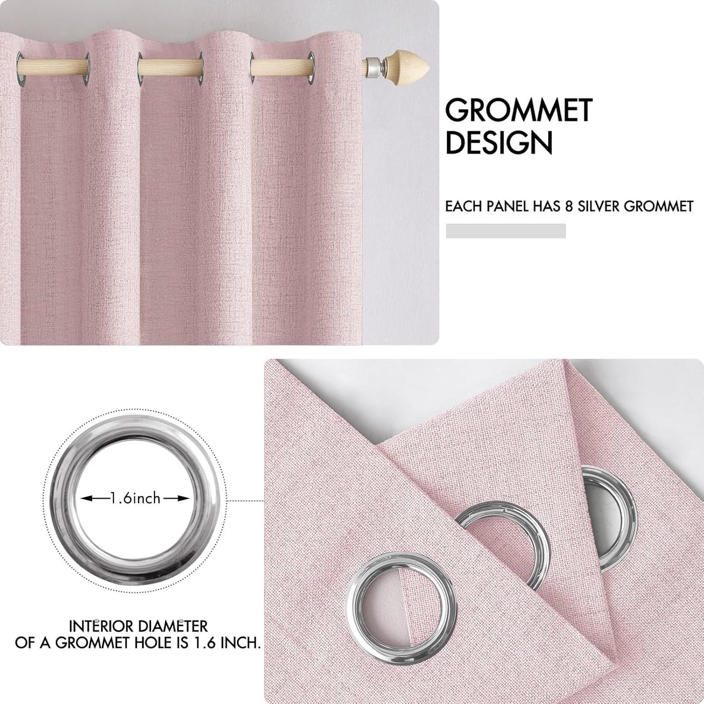 MIULEE Linen Texture Curtains for Bedroom Solid 100% Blackout Thermal Insulated Pink Curtains Grommet Room Darkening Drapes for Living Room Nursery 52x54 Inch (2 Panels)