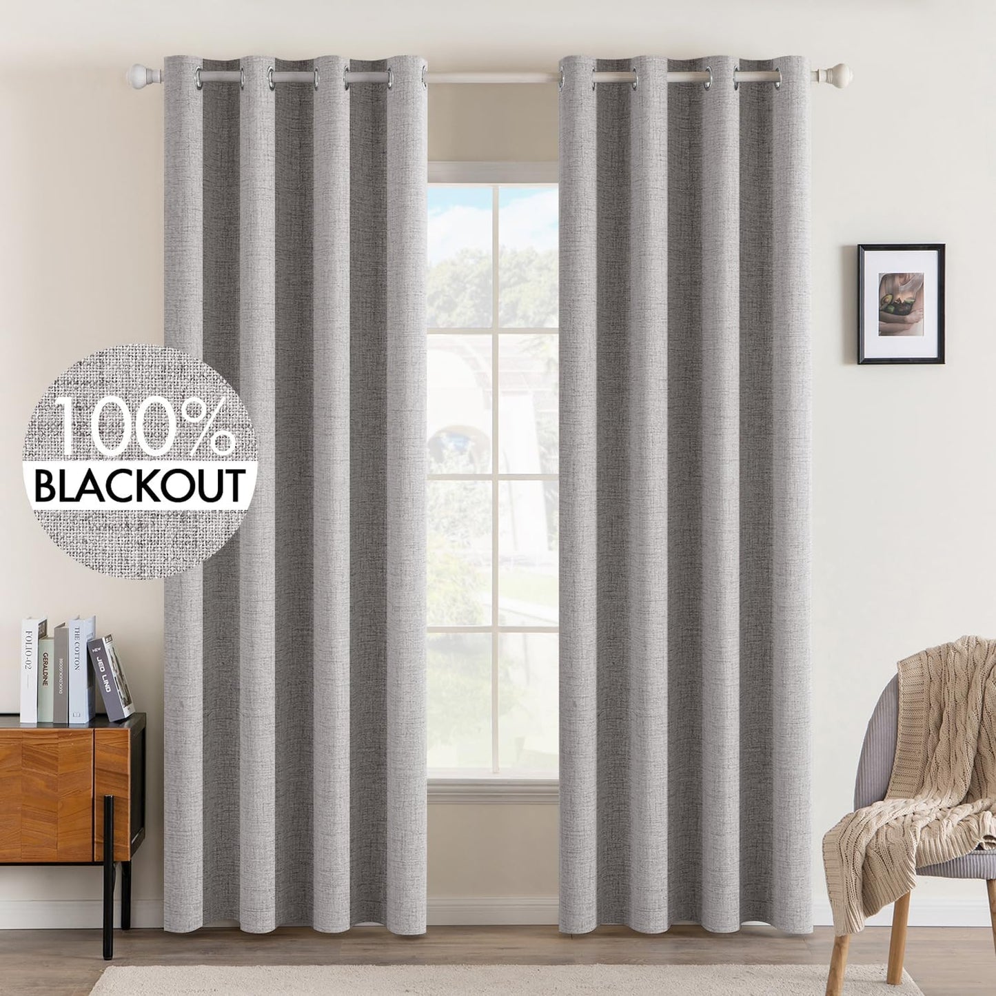 MIULEE Linen Texture Curtains for Bedroom Solid 100% Blackout Thermal Insulated Greyish White Curtains Grommet Room Darkening Drapes for Living Room Nursery 52x96 Inch (2 Panels)