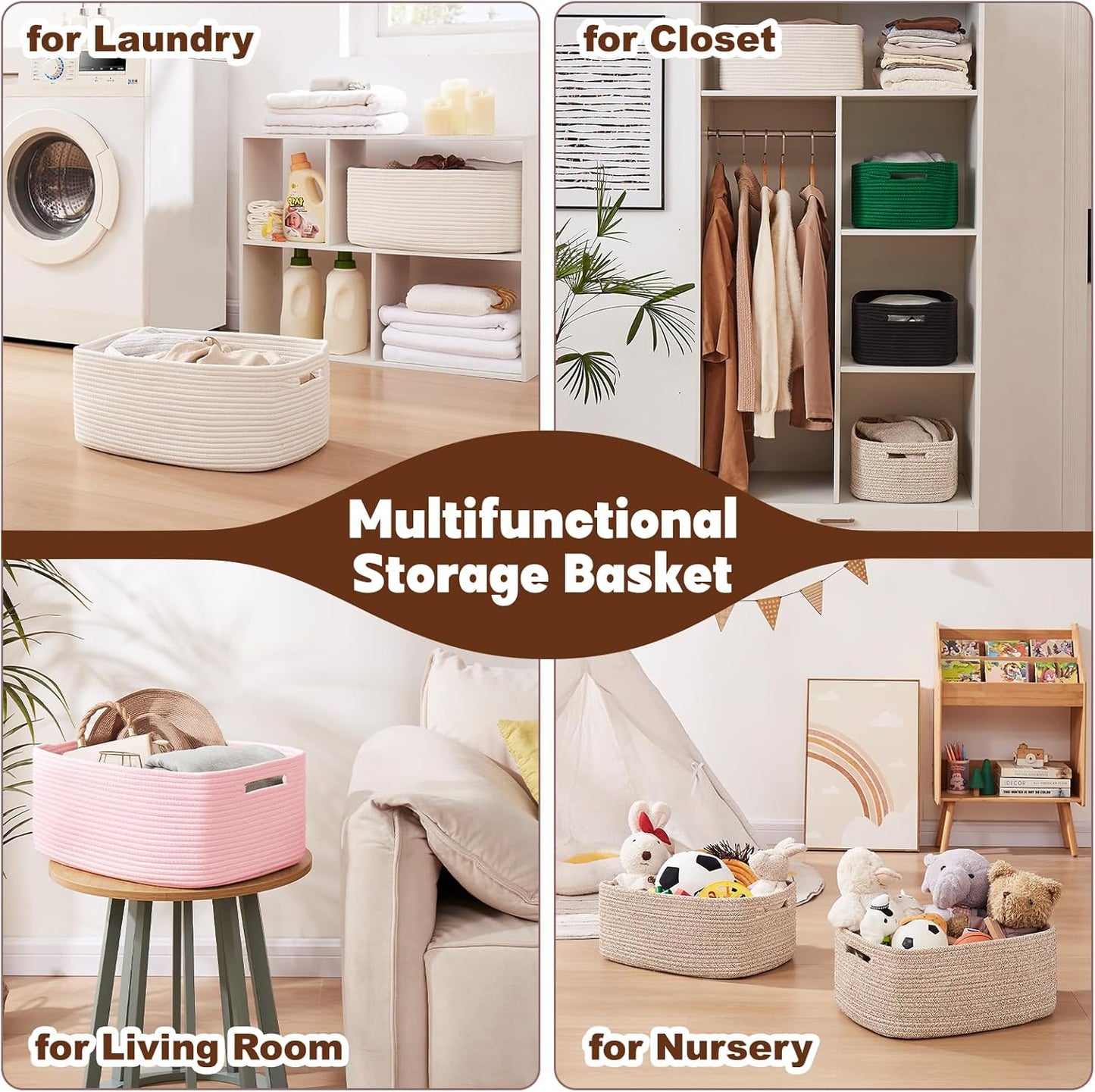 OIAHOMY Storage Basket for Shelves, Closet Cube Storage Bins Baskets for Clothes Blanket Towels, Baby Nursery, Toy Baskets Box, Woven Rope Basket, 17.72*12.99*7.87 IN, 2 Packs Brown