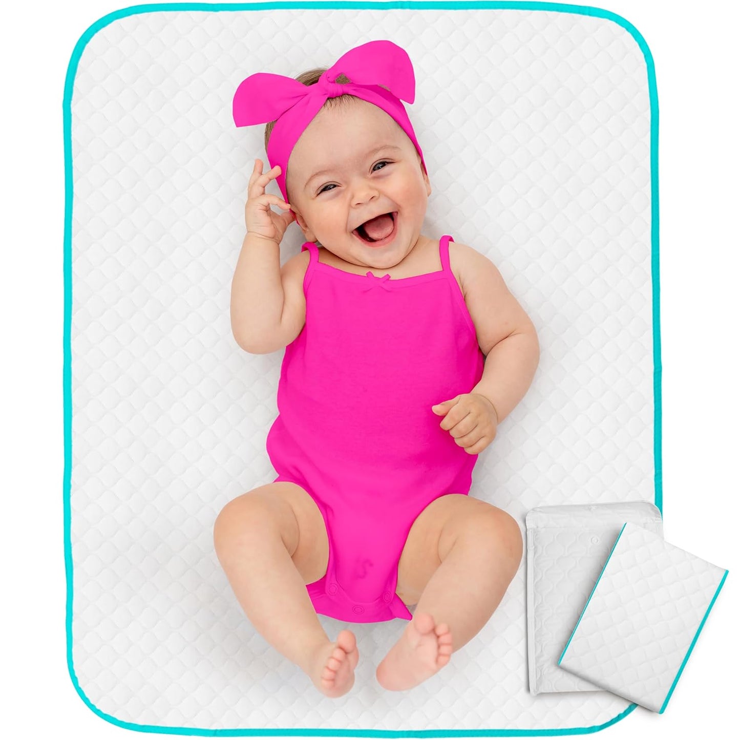 Baby Diaper Changing Mat - 31,5 x 25,5 inch Waterproof Portable Travel Changing Pad - Wipable Liners for Newborn Todlers Kids - Foldable Large Baby Nappy Changer Mat (White w/Turquoise Changing mat)