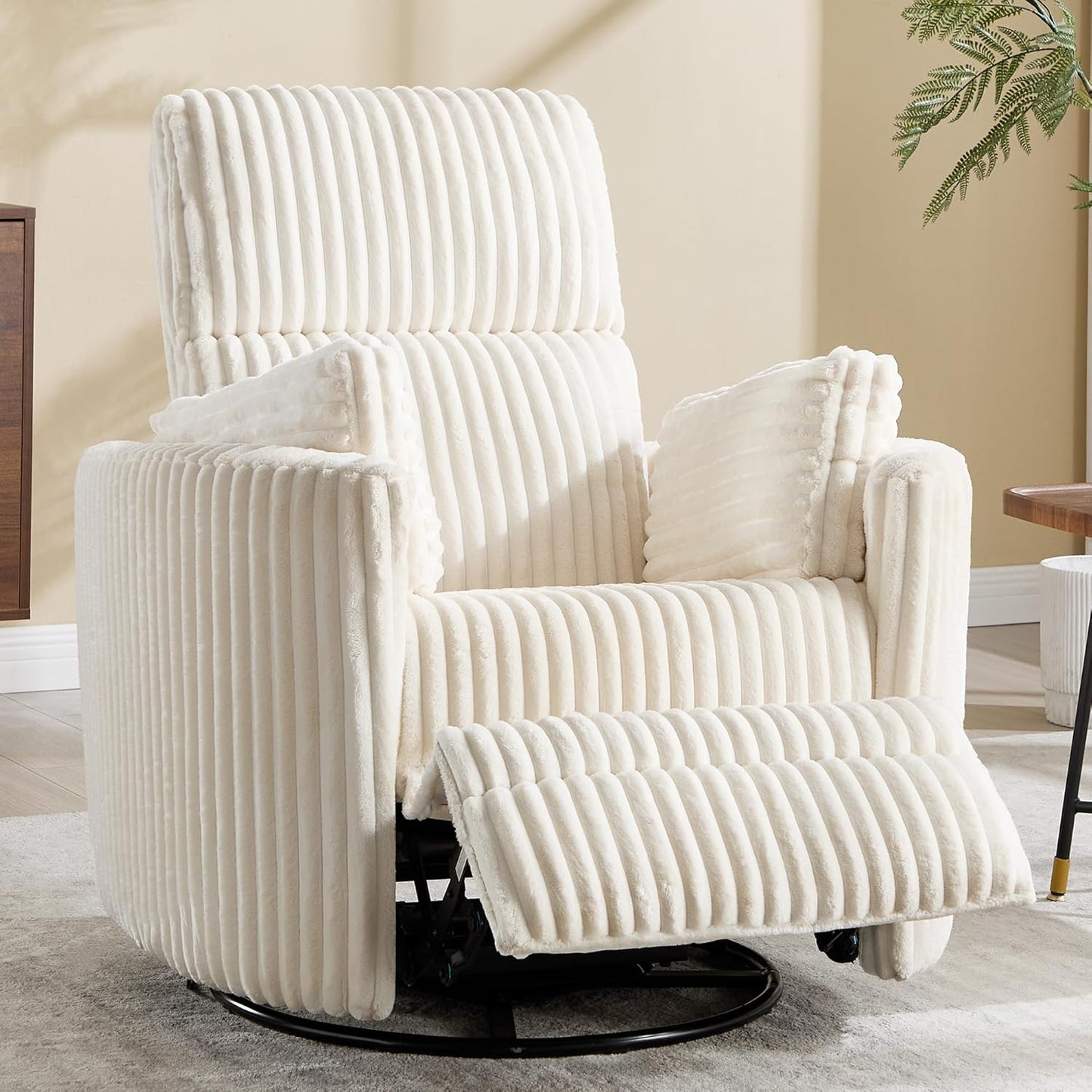 Recliner 360°Swivel Glider Rocking Chair, Upholstered Nursery Adult Rocking Chair with 2 Pillows for Living Room Bedroom (Beige Corduroy, Manual Operation)