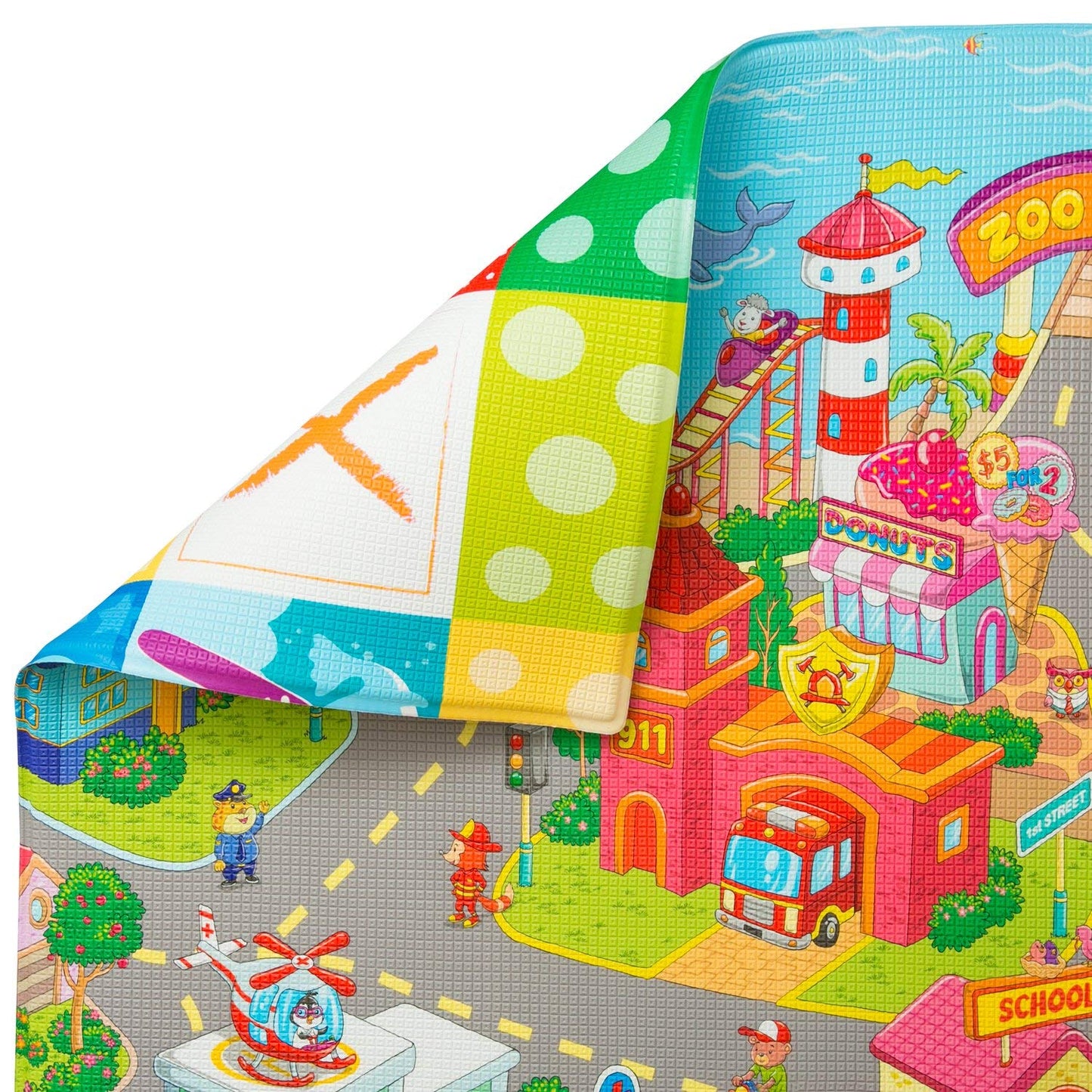 Baby Care Play Mat (Large, Playful - Zoo Town) 82'' x 55'' Original One-Piece Reversible Rollable Waterproof Play Mat for Infants, Babies, Toddler, and Kids