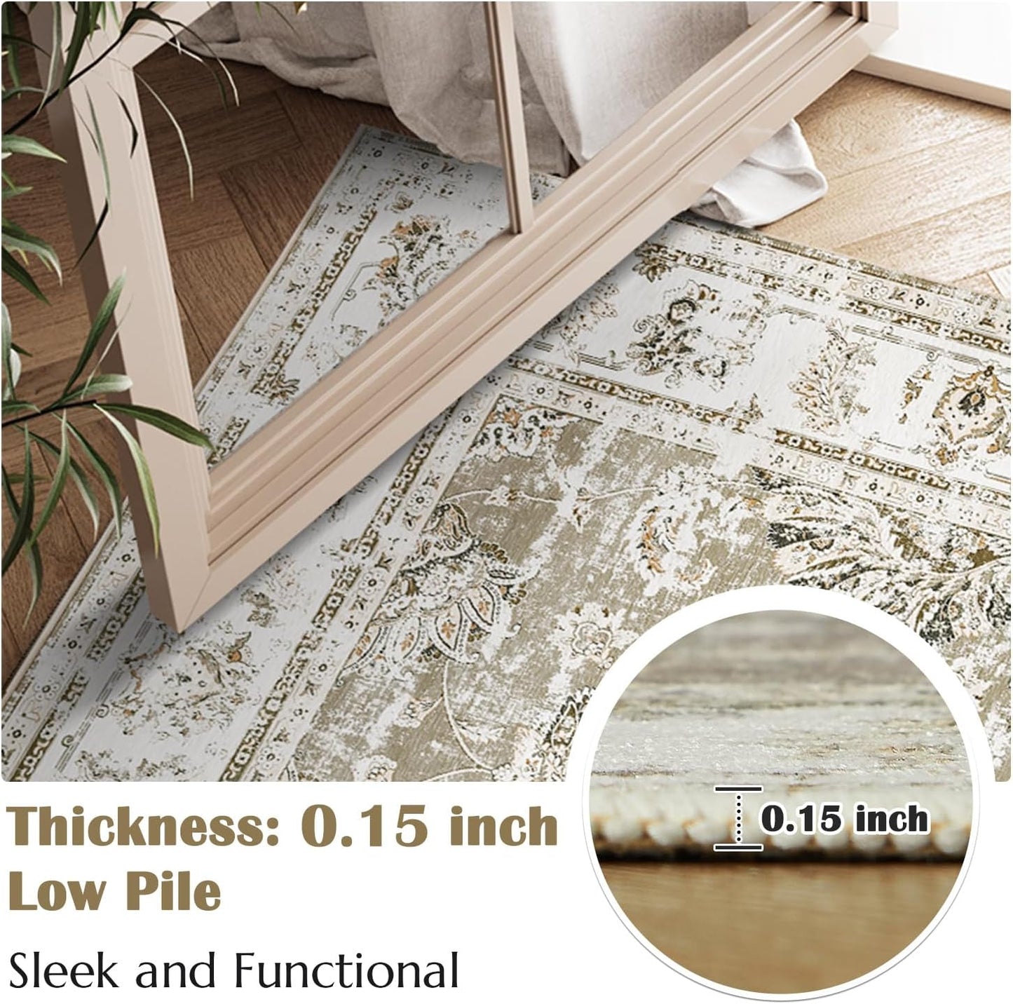 jinchan 9x12 Area Rugs for Living Room - Machine Washable Vintage Floral Distressed Design Stain Resistant Carpet Low Pile Non-Slip Large Rug for Bedroom Dining Room Home Office (9‘x12',Taupe)