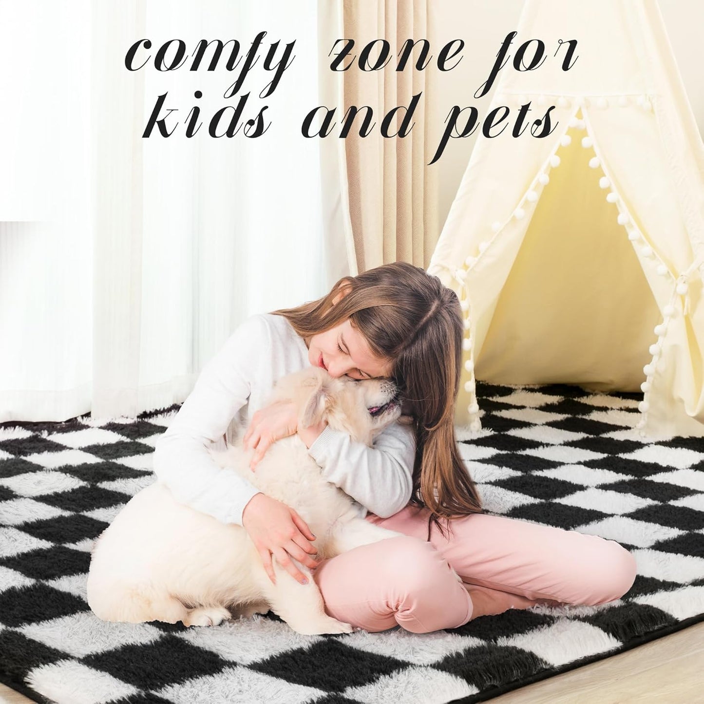 Super Soft Rug for Bedroom, 6x9 Ft Black and White Area Rug Classic Checkered Shaggy Anti-Skid High Pile Soft Fluffy Rug Fuzzy Carpet for Living Room Bedroom Kids Room Nursery, Dorm Home Decor