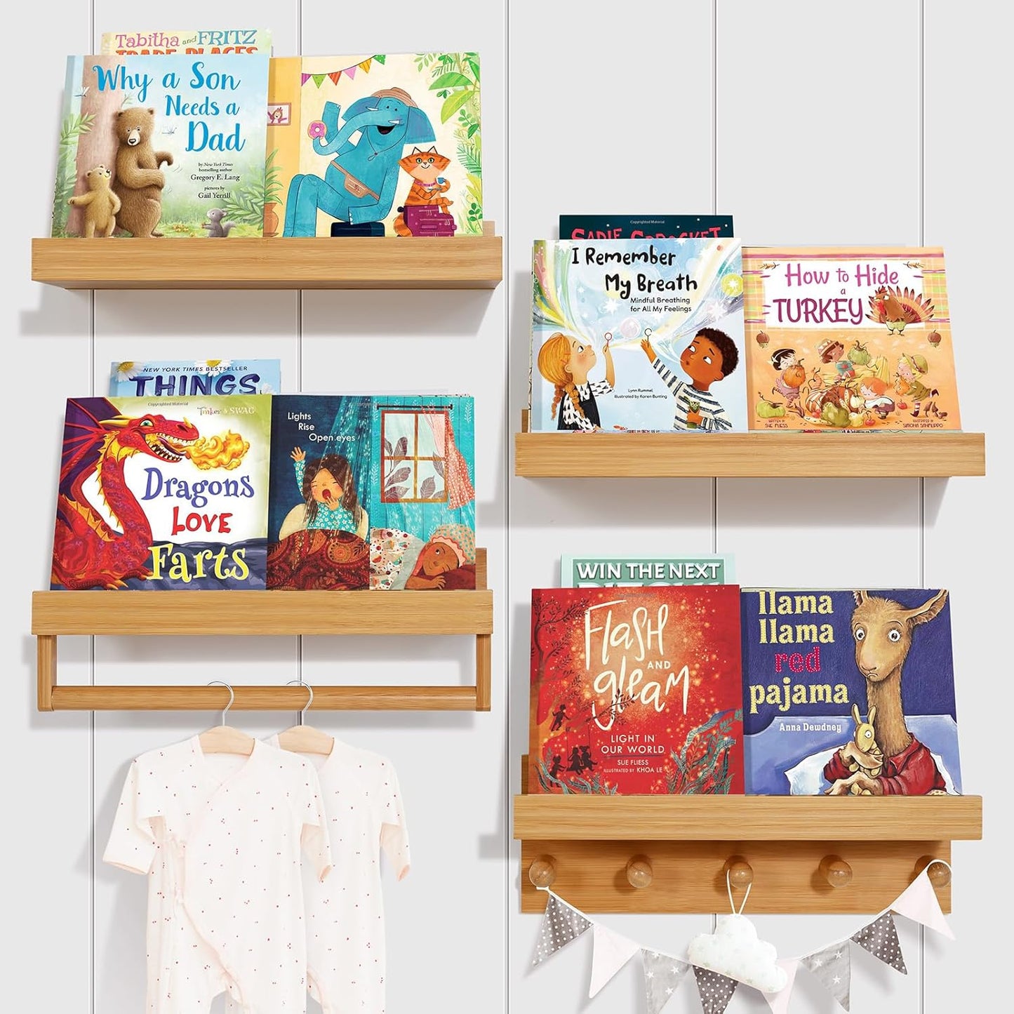 Ollieroo Set of Four Floating Book Shelves for Wall, Nursery Book Shelf for Kids Room, Bamboo Wood Hanging Bookshelf for Baby Teen Boys Girls, Wall Mounted Shelves for Bedroom Bathroom Decor(Natural)