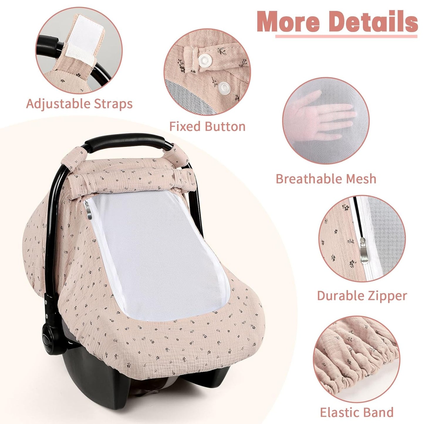 Car Seat Cover Baby, HNHUAMING Muslin Cotton Carseat Covers for Babies Girls Boys Summer Infant Car Seat Covers Canopy, Cozy Newborn Carseat Covers Stroller Cover with Breathable Mesh Window, Brown