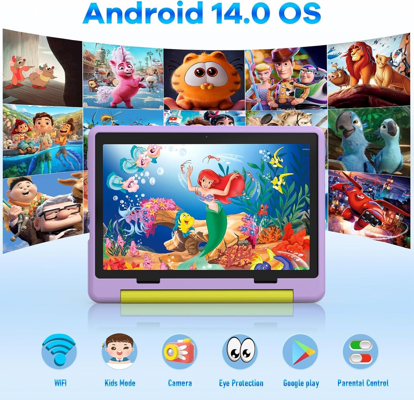 Kids Tablet｜Upgraded Android 14 Tablet 10 inch for Kids with Protective Case｜Octa-Core｜64GB｜1TB TF Card Expandable｜Dual Camera｜Parental Control｜Great Gift for Toddler(Purple)