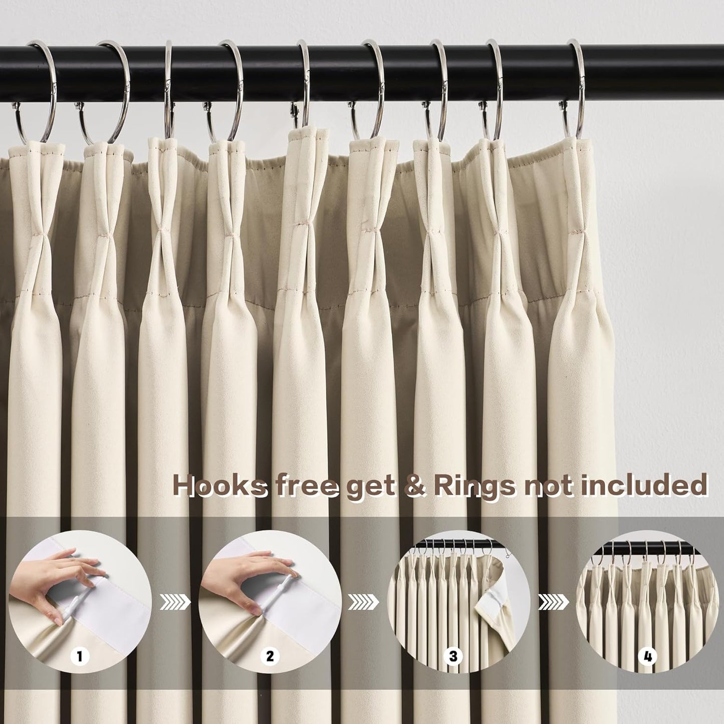 KEQIAOSUOCAI Cream Beige Curtains 72 inch Wide x 108 inch Long 2 Panels - Thermal Room Divider Curtains for Bedroom/Living Room/Patio, Wide Width Pinch Pleated Ceiling Track Curtain Panel with Hooks