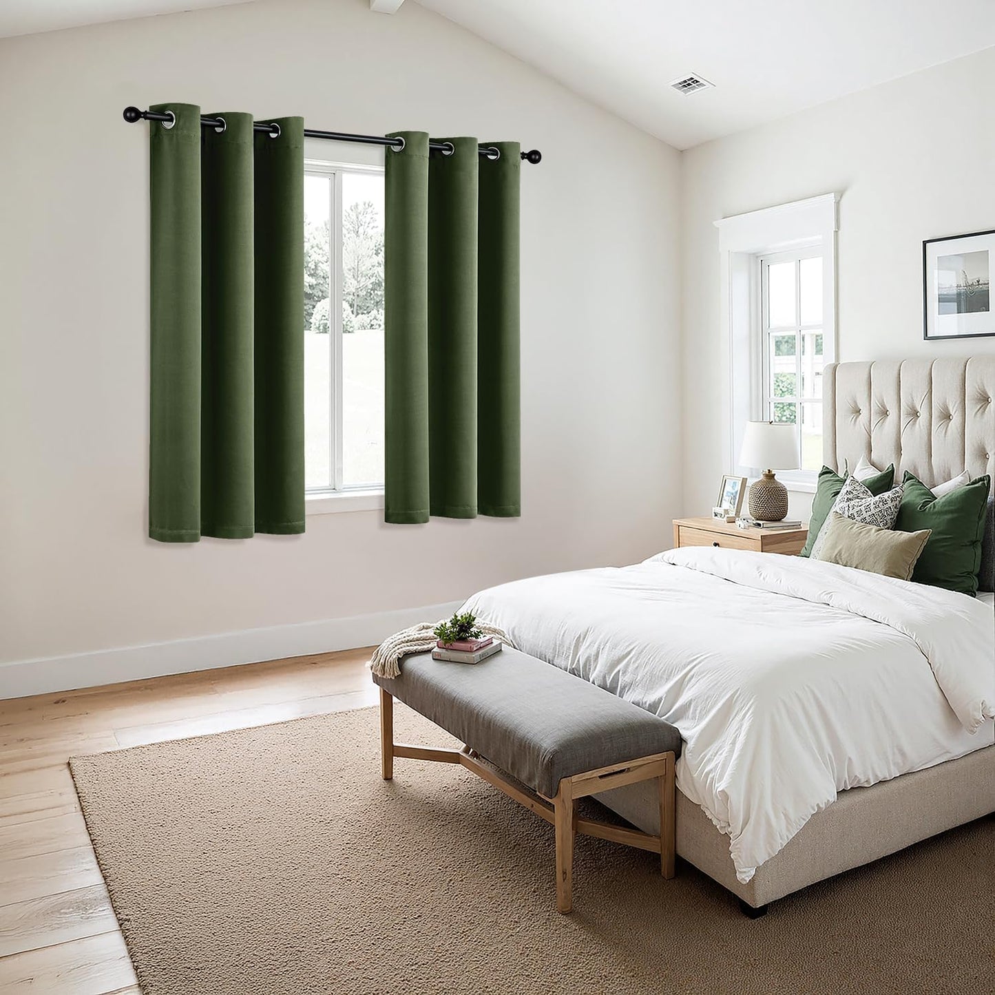 MIULEE Olive Green Blackout Curtains for Bedroom Living Room 63 Inches Long 2 Panels, Thermal Insulated Room Darkening Drapes Solid Grommet Top Noise Reducing Dark Green Window Treatments 40x63 Inch