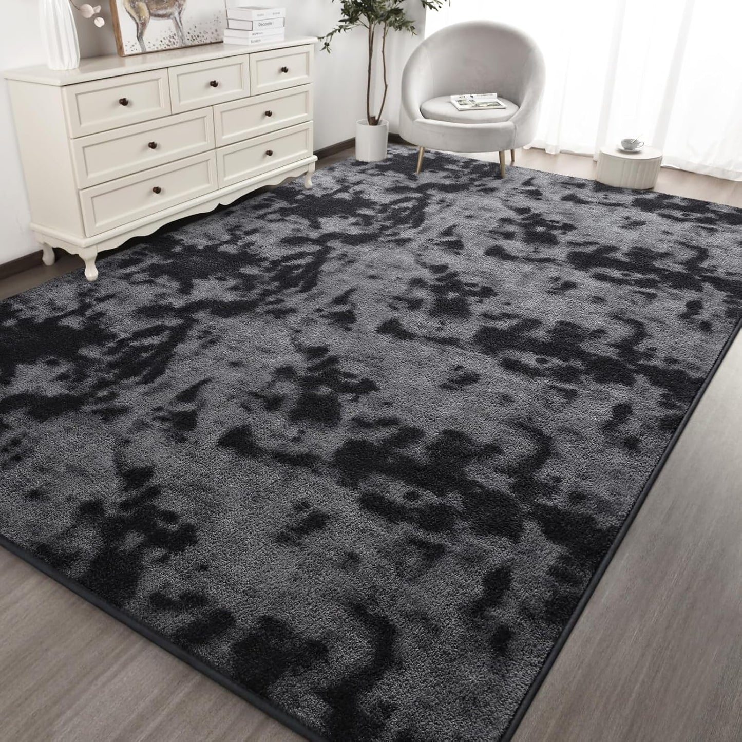 Kimicole 4x6 Washable Area Rugs for Bedroom Living Room, Low Pile Ulta-Thin Solid Color Rug, Non-Slip Soft Fluffy Carpet for Nursery Kids Room Dorm Room Home Decor (Dark Grey)