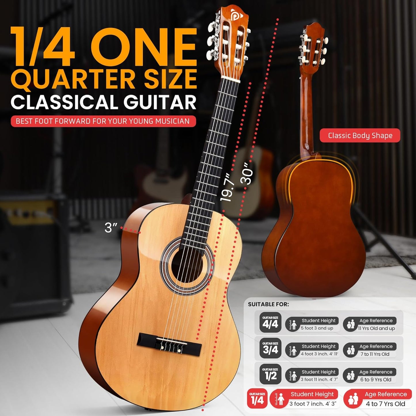 Pyle Beginner Acoustic Guitar Kit, 1/4 Junior Size All Wood Build Nylon Stringed Instrument with Capo, Strap, Extra String Set, Gig Bag, Guitars for Beginners Adults Youth, 30" Natural Gloss