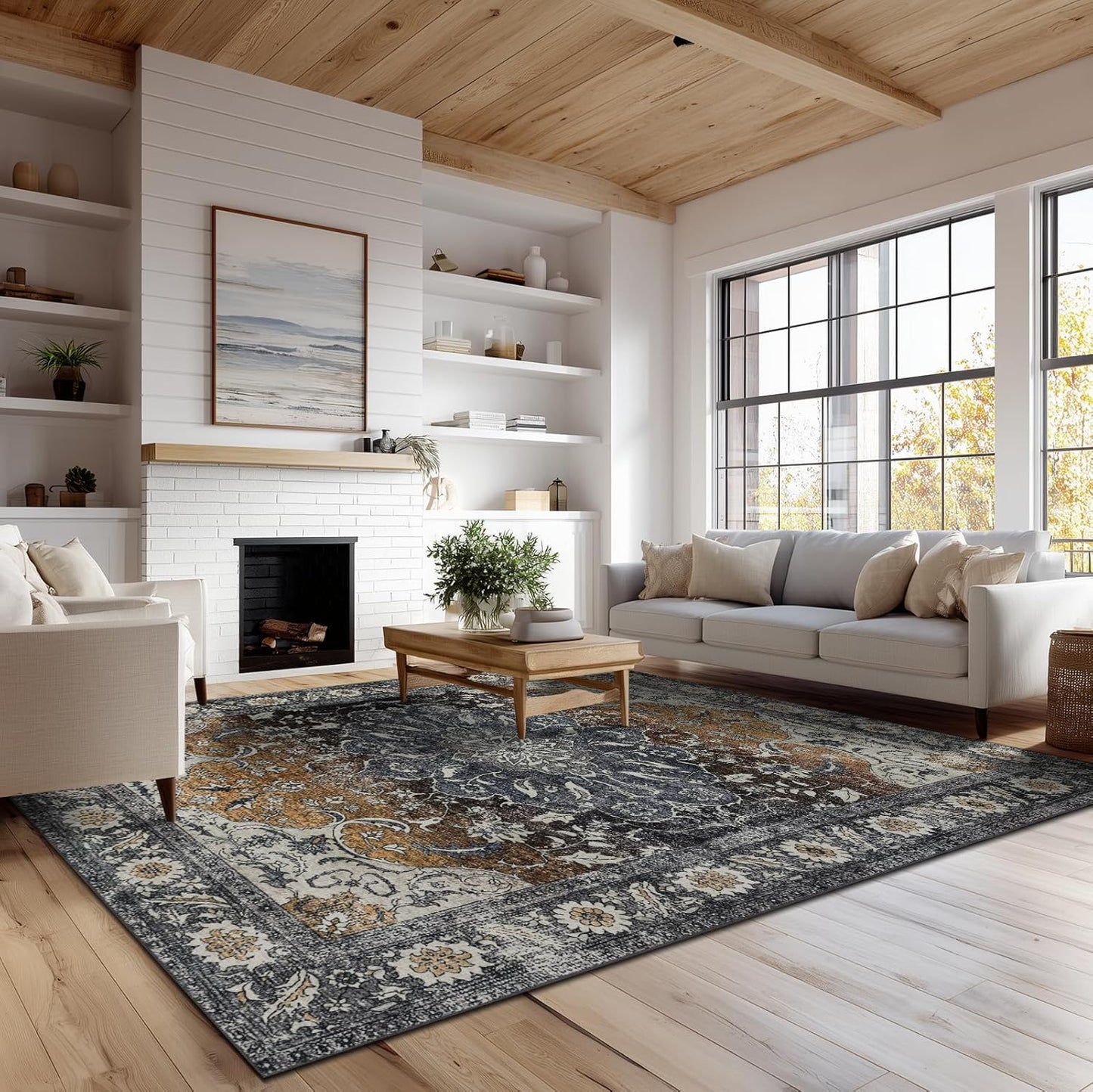 9x12 Area Rug Living Room Rugs, Stain Resistant Washable Rug, Vintage Large Non-Slip Backing, Low Pile Lightweight Print Rug for Bedroom Dinning Room Home Office (Tan/Gray)