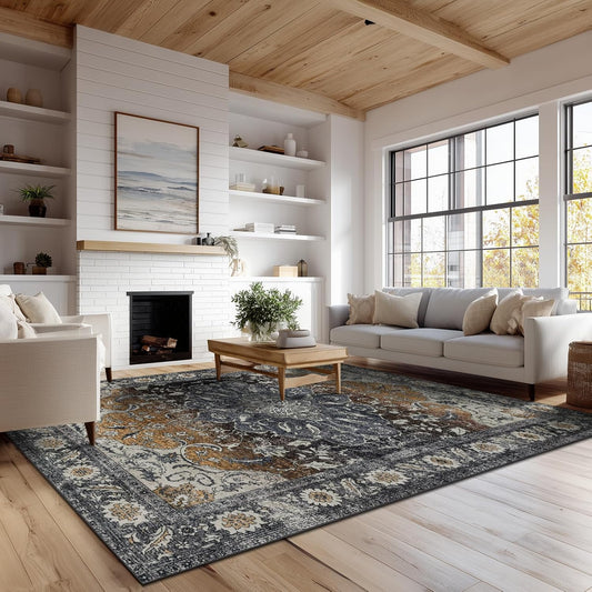 4x6 Washable Area Rug for Living Room, Carpet for Bedroom, Soft Faux Wool Retro Dining Room Rug, Non Slip&Non-Shedding Resistant Low Pile Vintage Print Rug for Home Office (Tan/Gray)