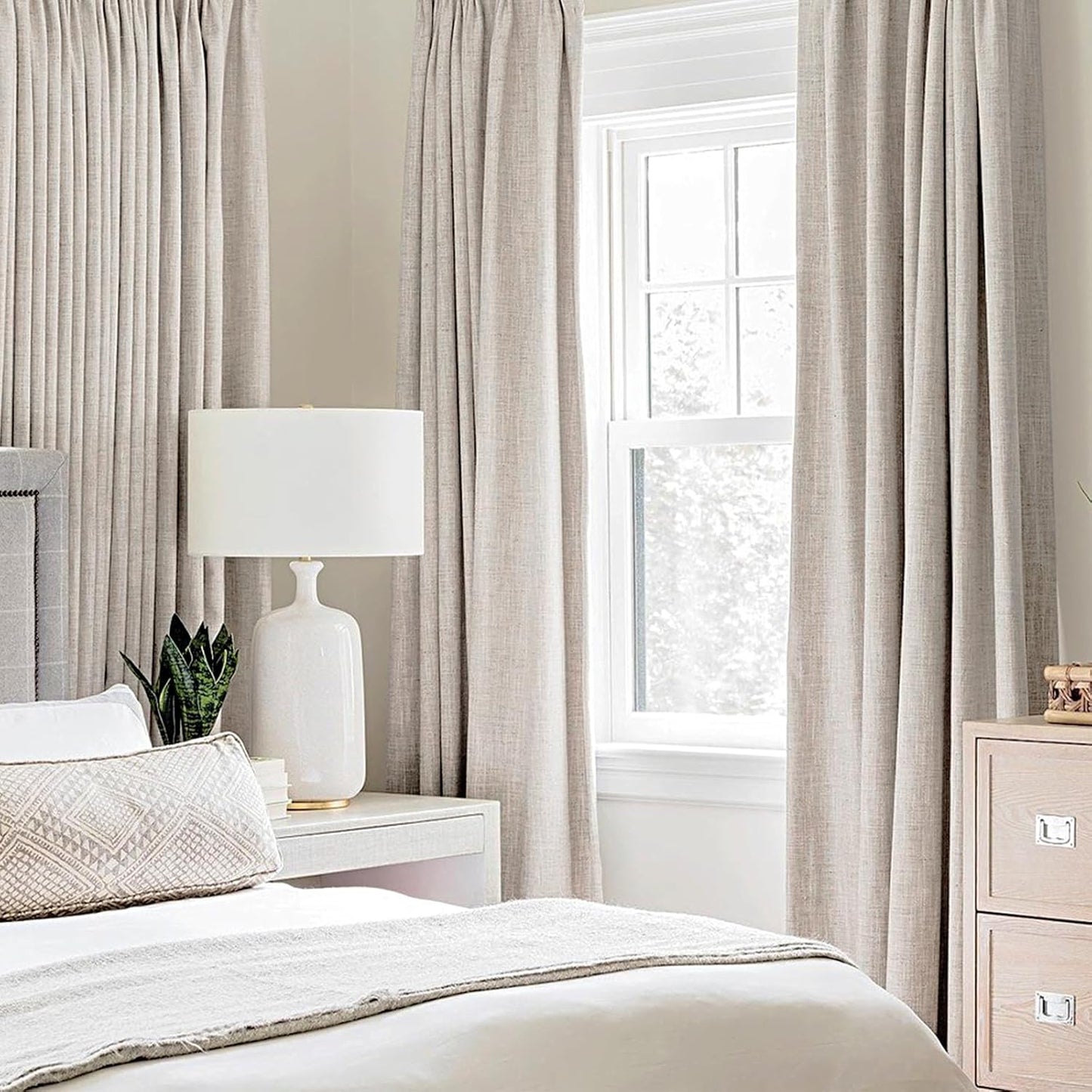 MIULEE 100% Blackout Linen Textured Curtains for Bedroom Solid Thermal Insulated Ivory Grommet Room Darkening Curtains & Drapes Luxury Decor for Living Room Nursery 52 x 63 Inch (2 Panels)