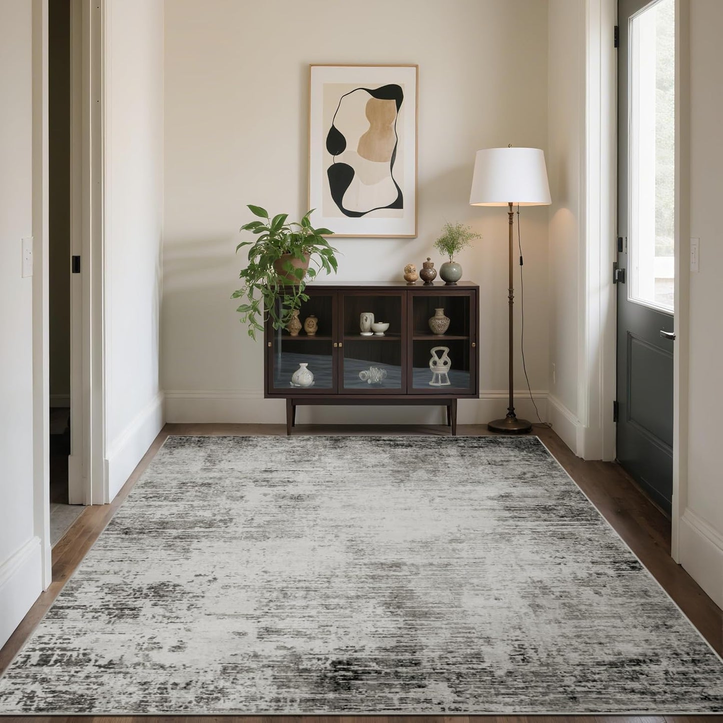 Washable Rug 6x9 Area Rugs, Abstract Washable Rugs with Non-Slip Backing, Stain Resistant Indoor Floor Carpet for Bedroom Dining Room Table Nursery Hallway Home Office-Black/Gray