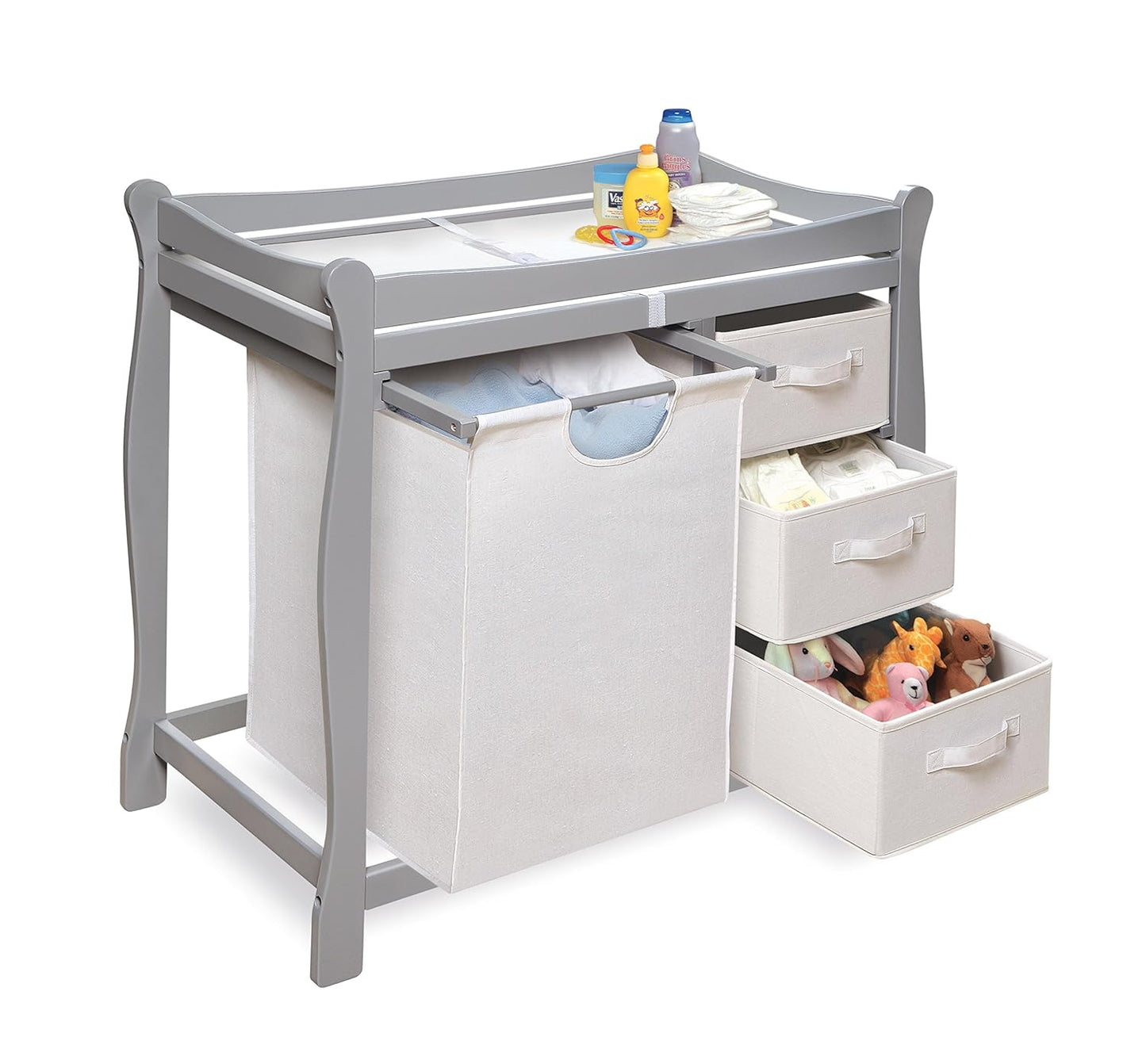 Badger Basket Sleigh-Style Baby Changing Table - Diaper Changing Station with 3 Storage Baskets - Nursery Organizer with Hamper, Changing Pad, Safety Rails - Gray