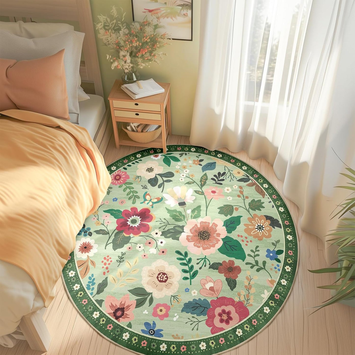 Floral 6ft Area Rug Machine Washable Soft Print Boho Carpet Non Slip Doormat Low Pile Flower Area Rugs for Living Room Bedroom Nursery Kitchen Dining Room Indoor-Light Green