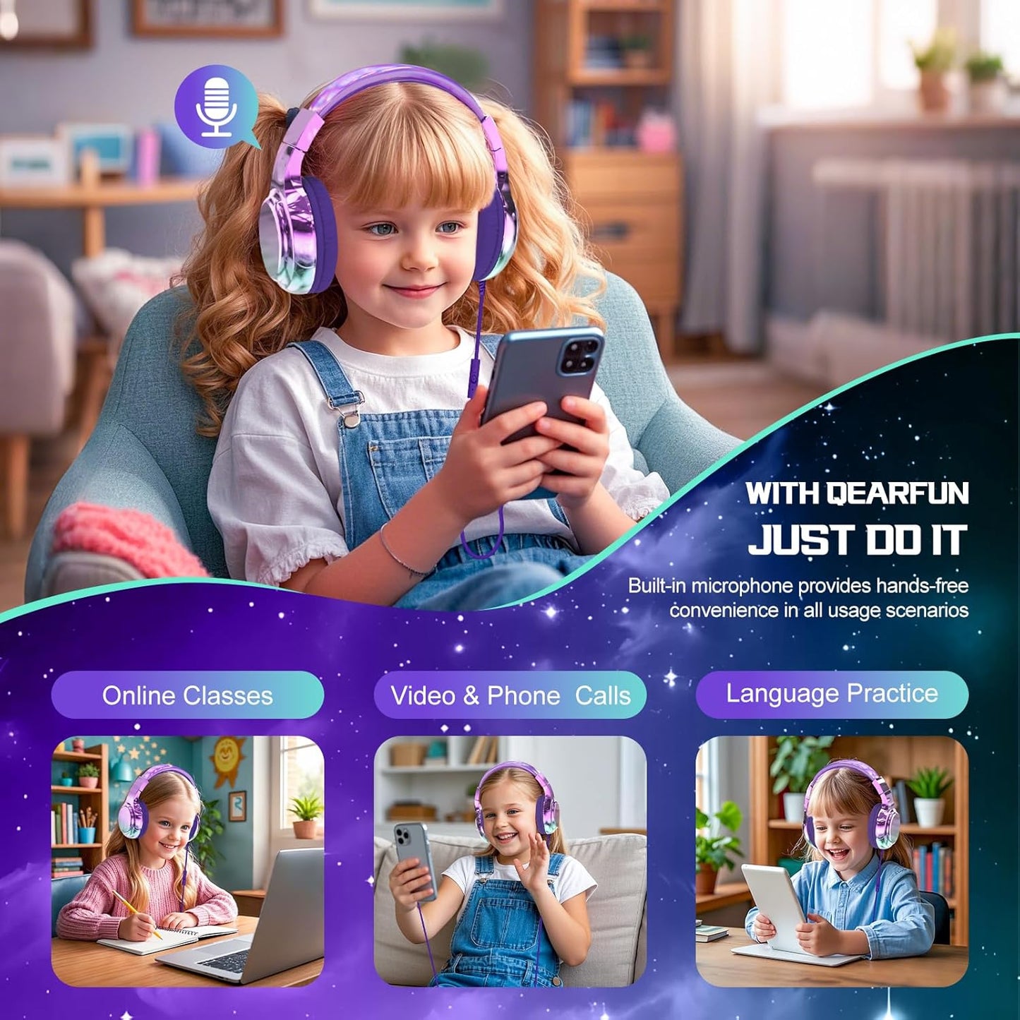 QearFun Kids Headphones Wired with Mic, 85/94dB Safe Volume Limit, Foldable Over Ear, Tangle-Free Cord & Sharing Port, Wired On-Ear Headset for School, Chromebook, Tablet, Travel - Boys & Girls