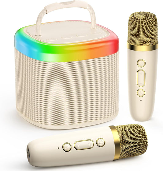 JYX Mini Karaoke Machine for Kids, Portable Bluetooth Karaoke Speaker Unpowered Cabinets with 2 Wireless Microphones and Party Lights for Adults, Birthday Gifts for Girls Boys Family Home Party(Beige)