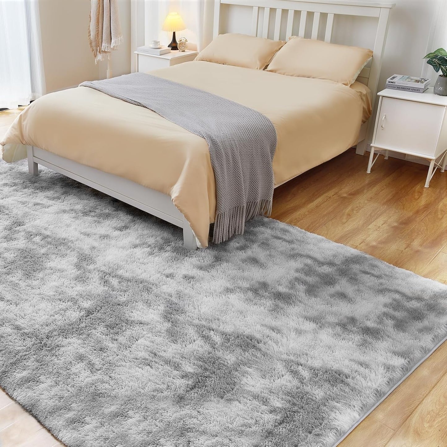 9x12 Area Rugs for Living Room, Ultra Soft Fluffy Rugs for Bedroom, Anti-Skid High Pile Indoor Carpet for Nursery, Study Room, Playroom, Home Decoration, Tie-Dyed Light Grey