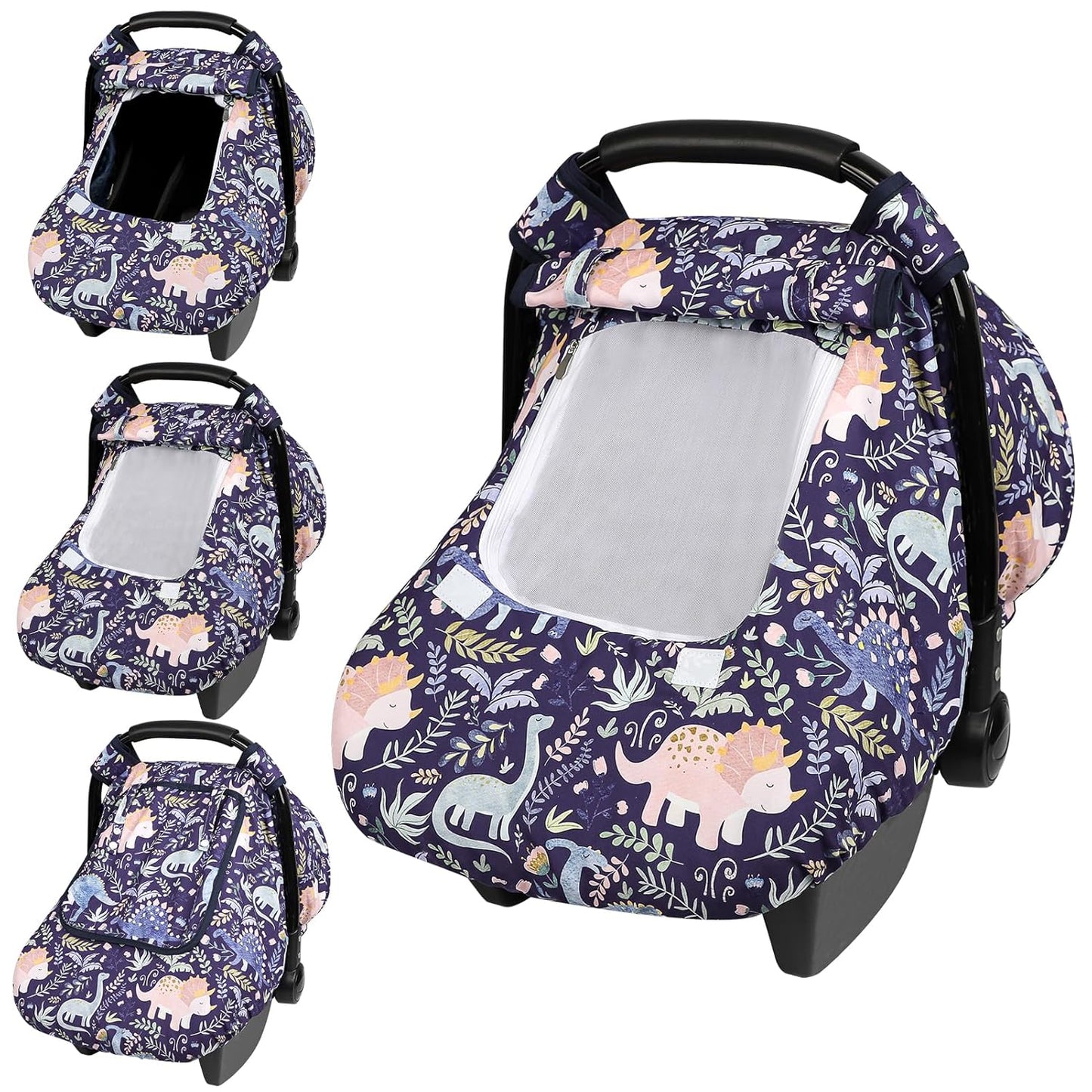 Pea Pod Car Seat Cover Baby, Infant Car Seat Canopy Covers for Newborn with 2 Layers Windows of Breathable Mesh Fabric, Lightweight Polyester/Soft Minky Dot Backing (Dinosaur)