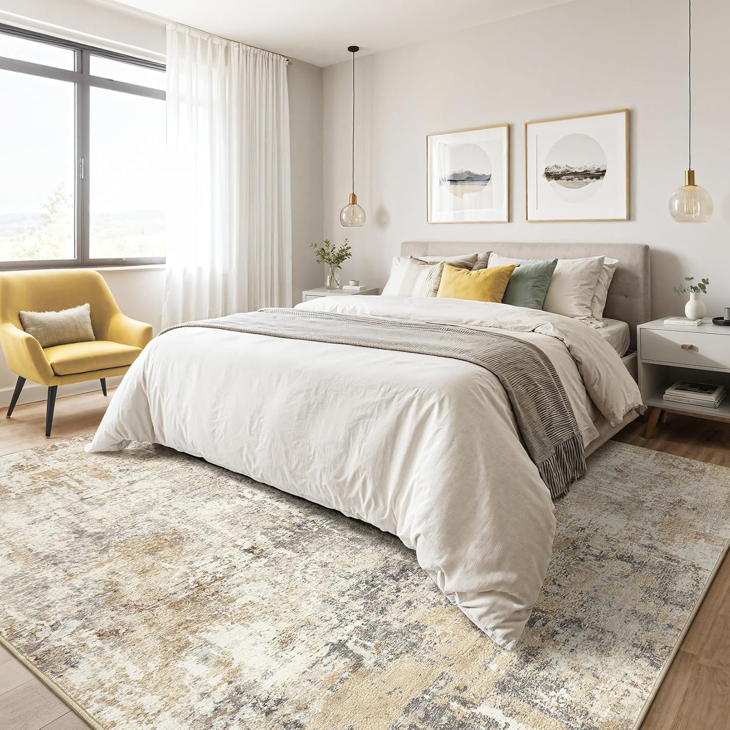 4x6 Rug Washable Area Rugs: Abstract Modern Soft Stain Resistant Indoor Floor Accent Non Slip Carpet for Living Room Entryway Kitchen Bedroom Nursery Office Bedside Home House Decor- Gray Gold