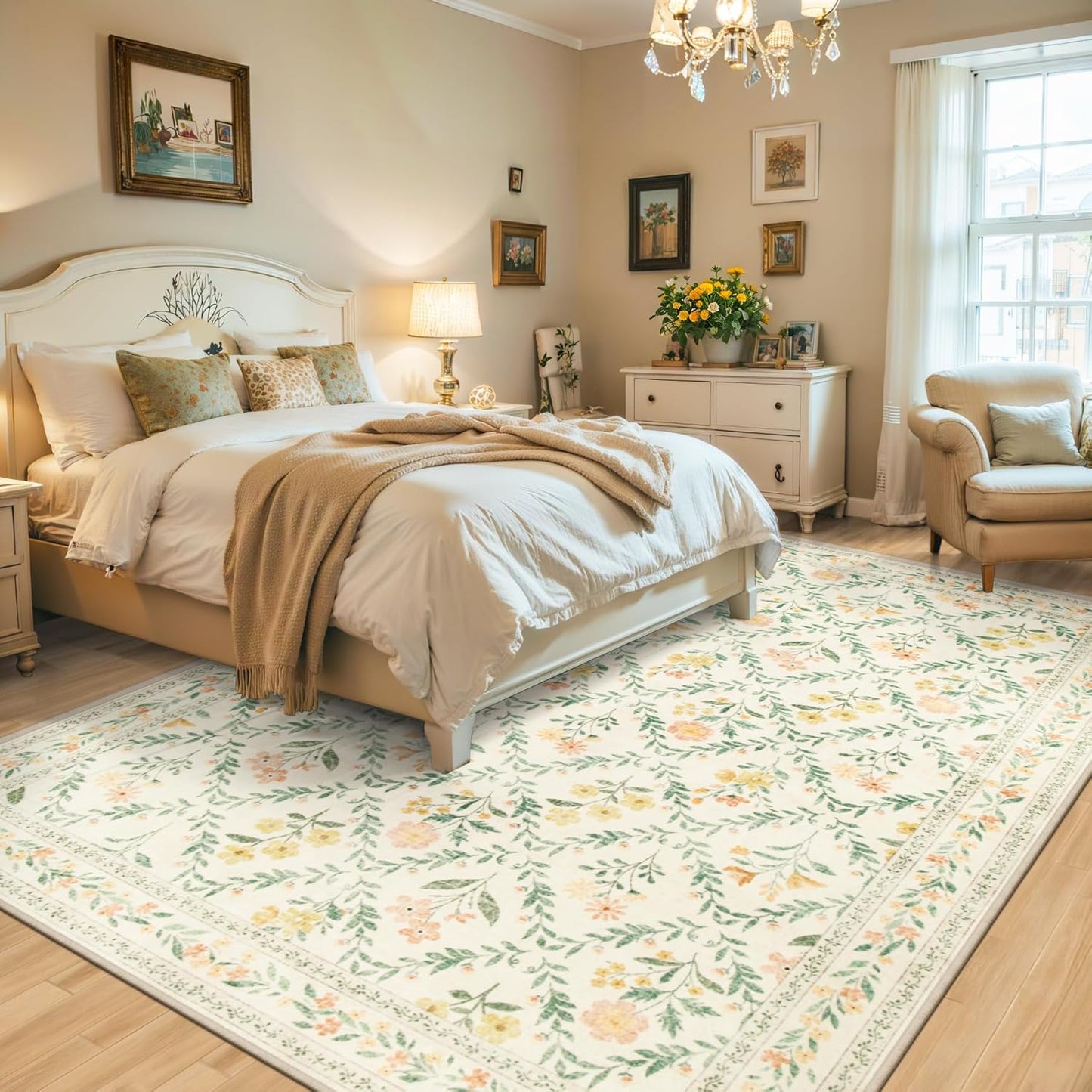 Area Rugs 9x12 Living Room: Floral Washable Rug Vintage Large Soft Boho Non-Slip Carpet Indoor Floor Stain Resistant Low Pile Carpets for Bedroom Dining Room Farmhouse Nursery Home Office Beige/Multi