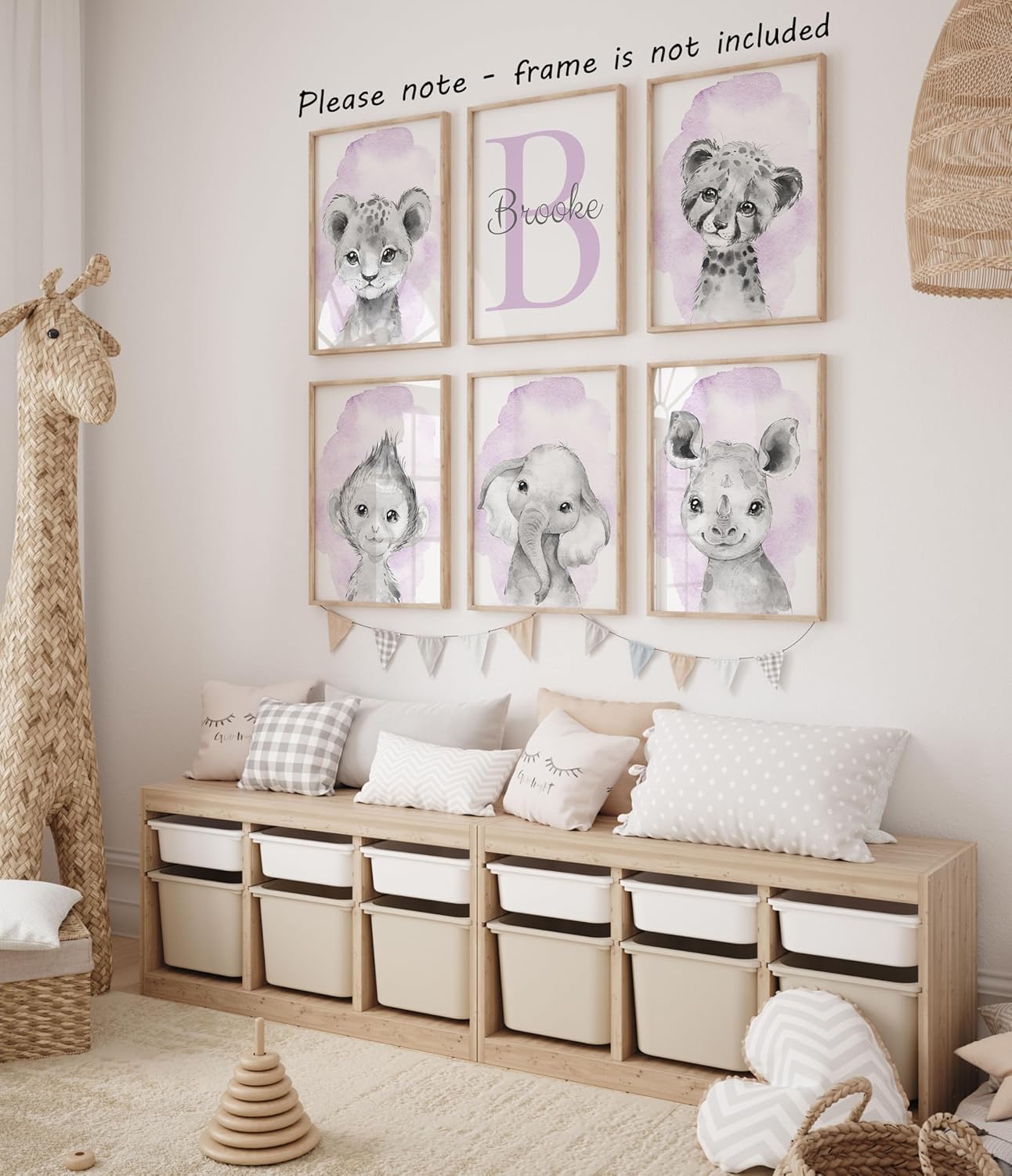 Safari Animals Set of 6 Unframed Poster Prints for Baby Girls Nursery Bedroom Playroom, Personalized Name, Choice of 12 Animals, Pink Purple (12x16)
