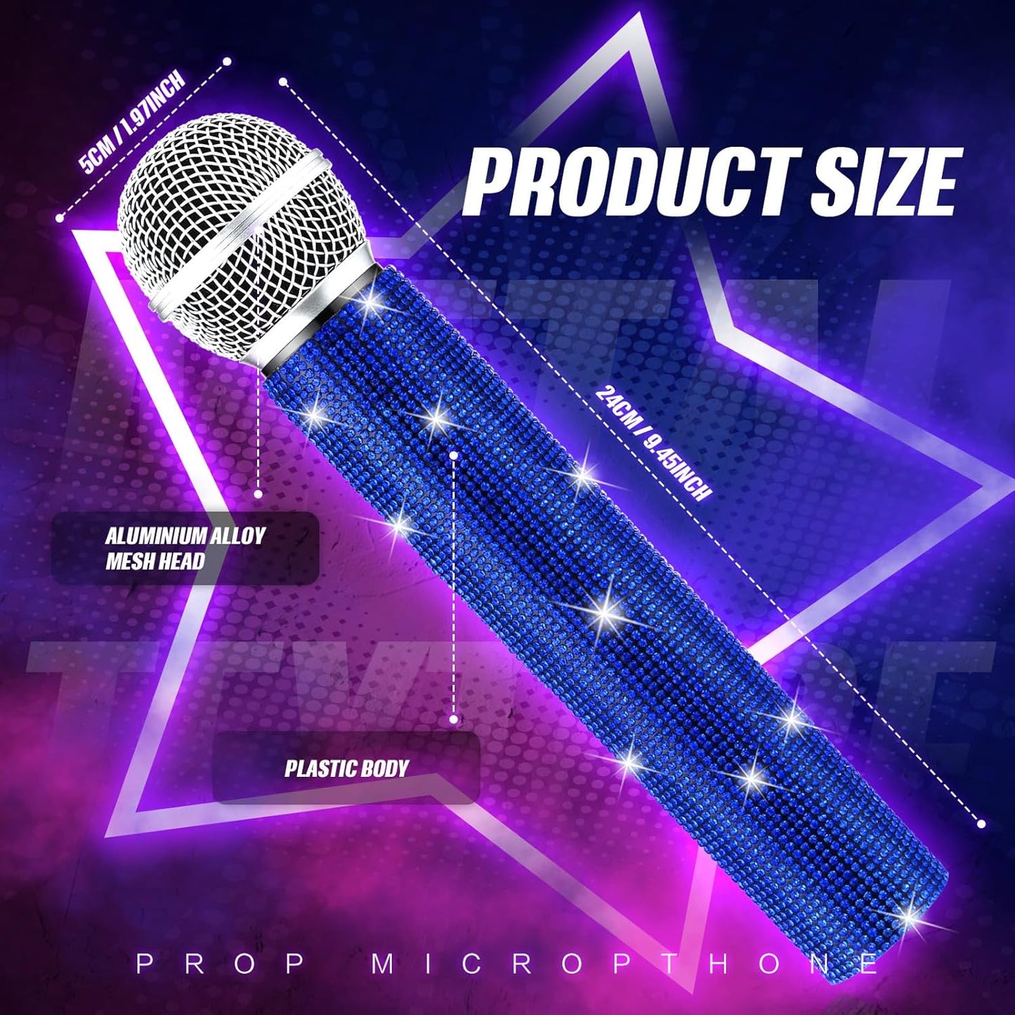 Sanwuta Fake Microphone Prop Sparkly Bling Rhinestones Plastic Play Microphone Pretend Glitter Bedazzled Mic for Cosplay Party Costume(Royal Blue)