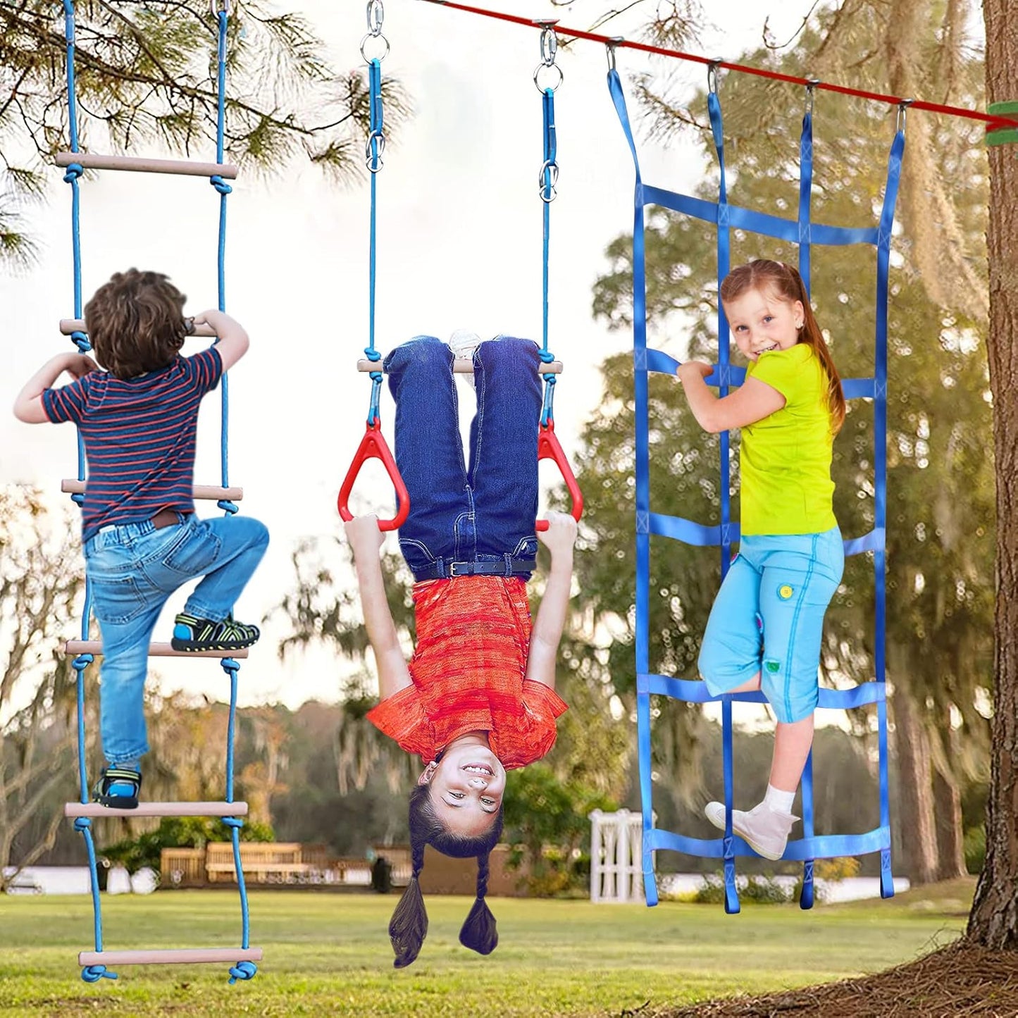 Ninja Warrior Obstacle Course for Kids Backyard - 2×50ft Slackline Kit with 10 Most Complete Accessories for Boys & Girls, Swing, Rope Ladder, Gymnastic Ring, Climbing Net, Arm Trainer and Monkey Fist