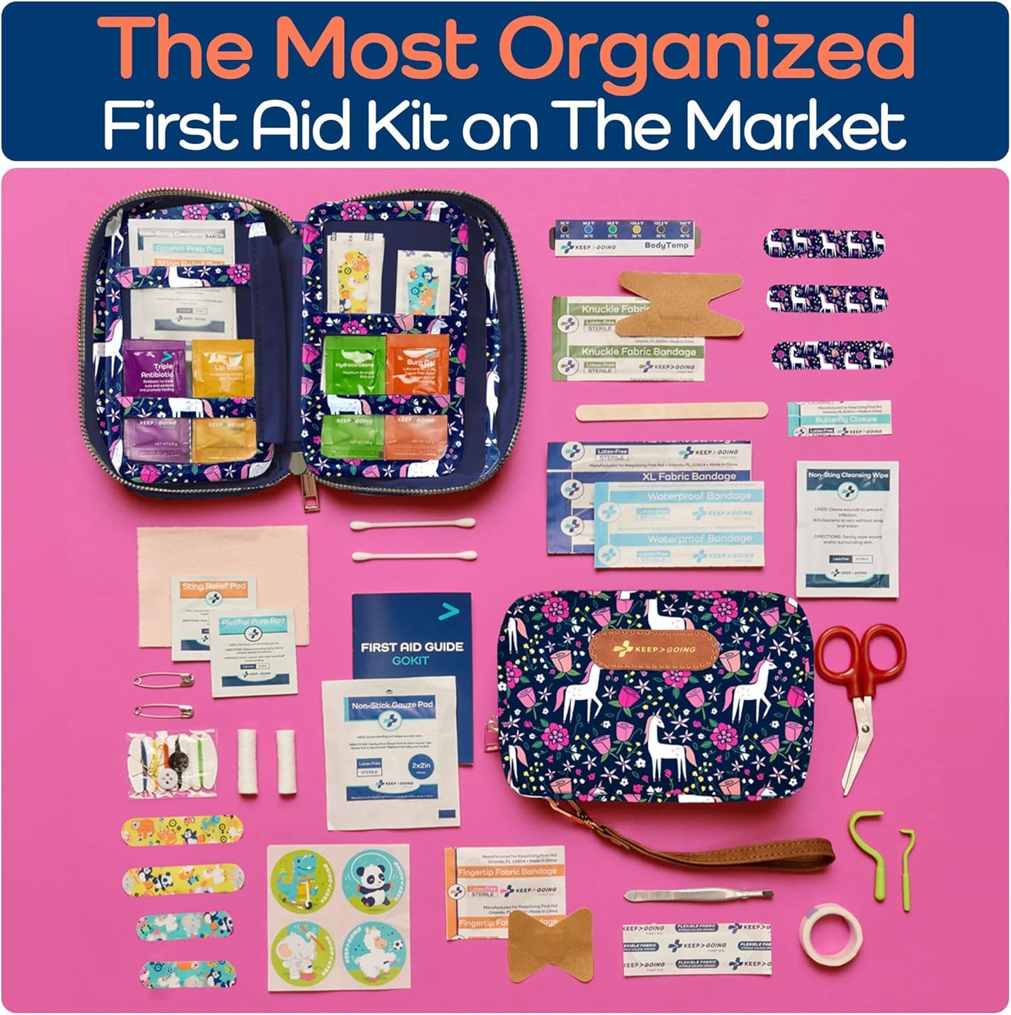 KeepGoing Travel First Aid Kit for Kids – 130 Pc. for Car, Home, Purse, Diaper Bag & Backpack with Latex-Free Bandages - Mini First Aid Kit Travel Size TSA-Approved