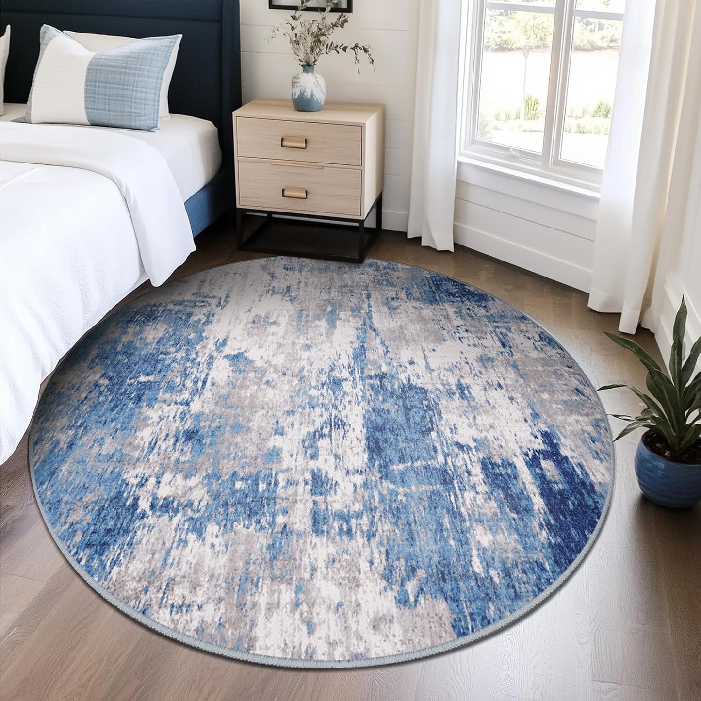 Washable Area Rugs 6ft Non-Slip Modern Abstract Soft for Living Room Entryway Bedroom Nursery, Print Pattern, Blue Grey Navy Gray