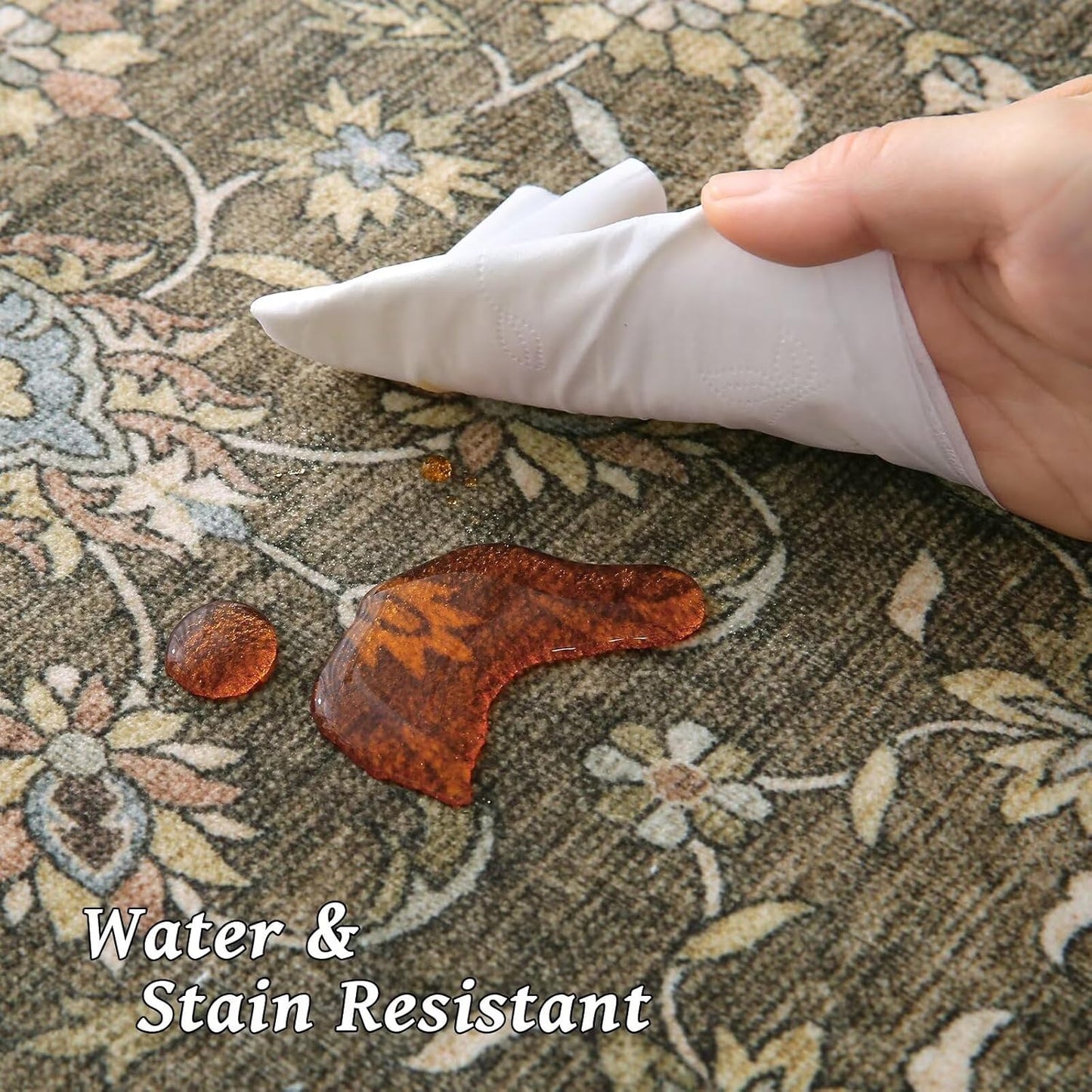 Washable 10x14 Area Rugs for Living Room, Boho Non-Slip Silicone Backing Rugs for Bedroom Dining Room Office, 0.3" Neutral Oriental Throw Carpet with 0.16" Cushioning Pad, Flaxen/Multi