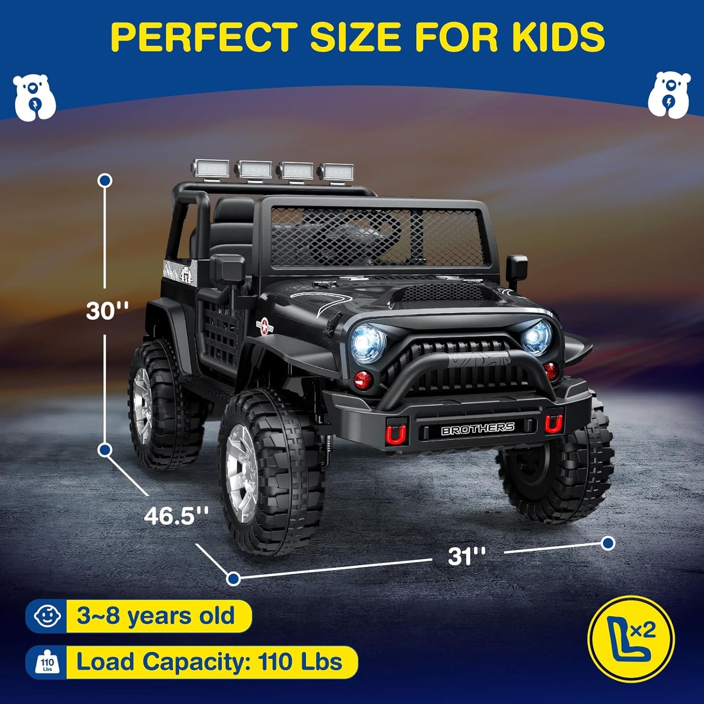 L8 2 Seater Ride On Car, 12V Kids Electric Car w/Remote Control, 4-Wheel Suspension, Bluetooth Speaker, Multi Music Modes, 3 Speeds, LED Lights, Xmas & Birthday Gift Ideas for Kids Ages 3+