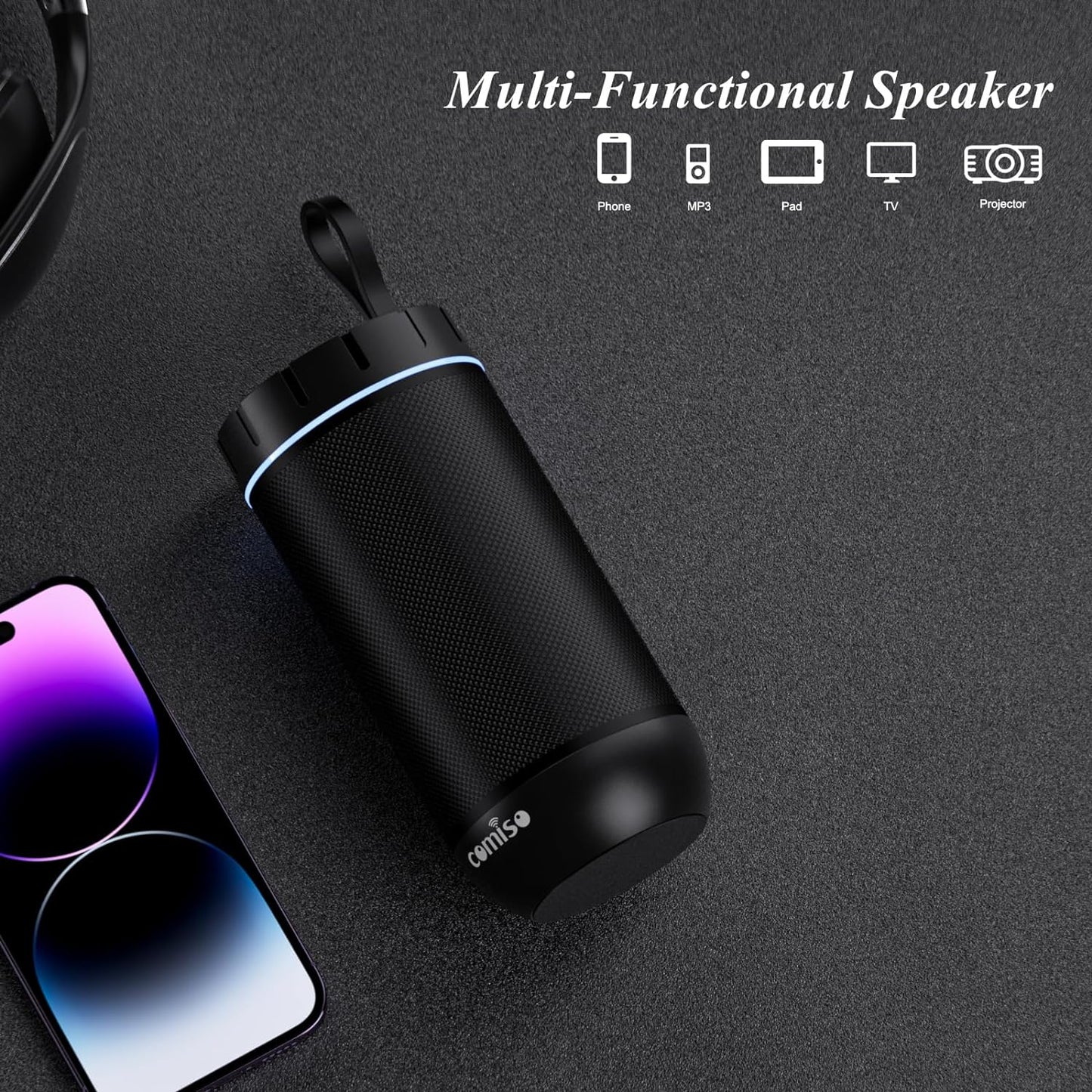 comiso Bluetooth Speaker, IP65 Waterproof Portable Speaker with 360° HD Stereo Sound, Punchy Bass, TWS Pairing, 24H Playtime, Wireless Speakers for Home/Outdoor/Camping/Beach, Gifts for Unisex
