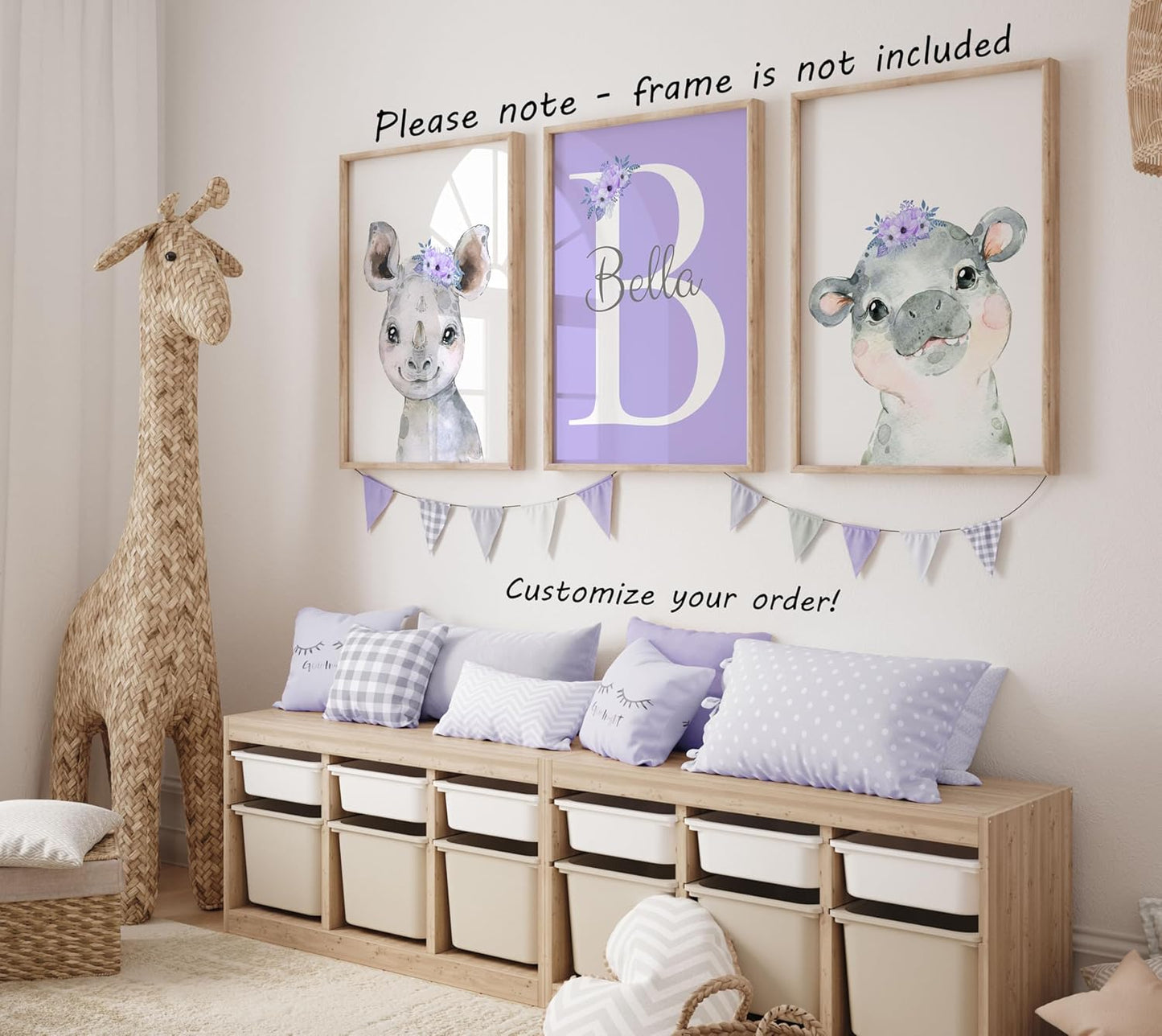 Personalized Safari Animals for Baby Girls Nursery, Set of 3 Unframed Poster Prints, Personalized Name Pink Lilac Floral, Girls Bedroom Decor, Elephant Giraffe (9x12)