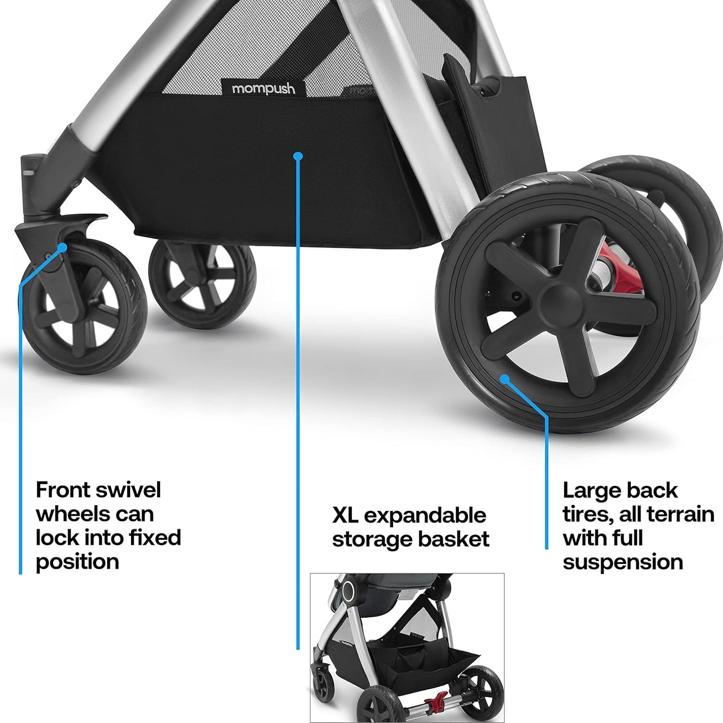 Mompush Ultimate 2 Baby Stroller for Infant and Toddler with Newborn Mode and Reversible Seat, All-Terrain Stroller with All-Wheel Suspension, Includes Car Seat Adapter and Large Storage Basket