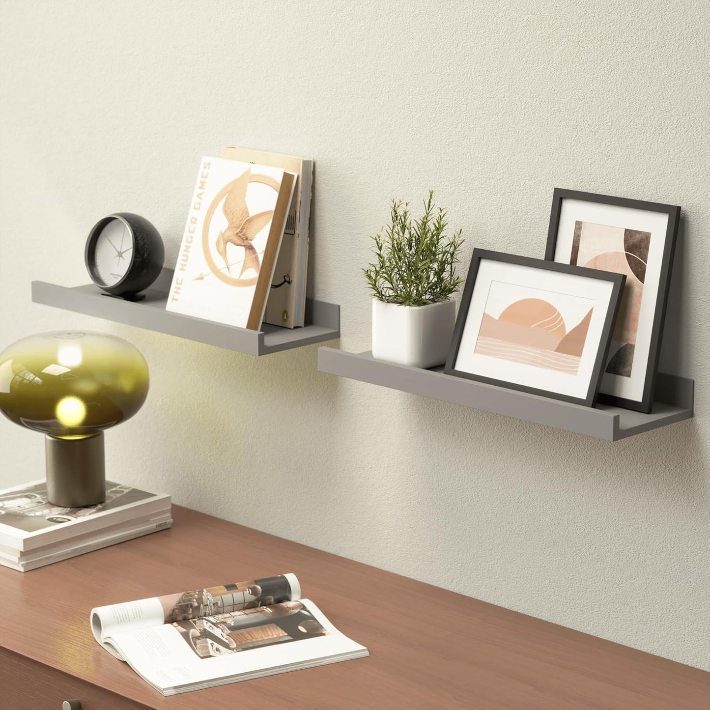 Floating Shelves for Wall, Wall Shelves Set of 2, Bedroom Shelves with Lip, Display Picture Ledge Shelf for Wall Decor Bedroom Living Room Bathroom Kitchen - Grey