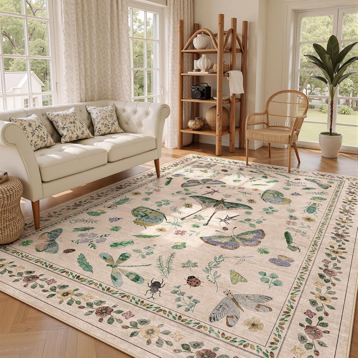 8x10 Area Rugs with Insect Print - Bug Rug Non-Shedding Stain Resistant Soft Carpet for Bedroom, Low Pile Ultra-Thin Machine Washable Carpet for Dining Room, Kids Nursery, Office (8'x10' Beige)