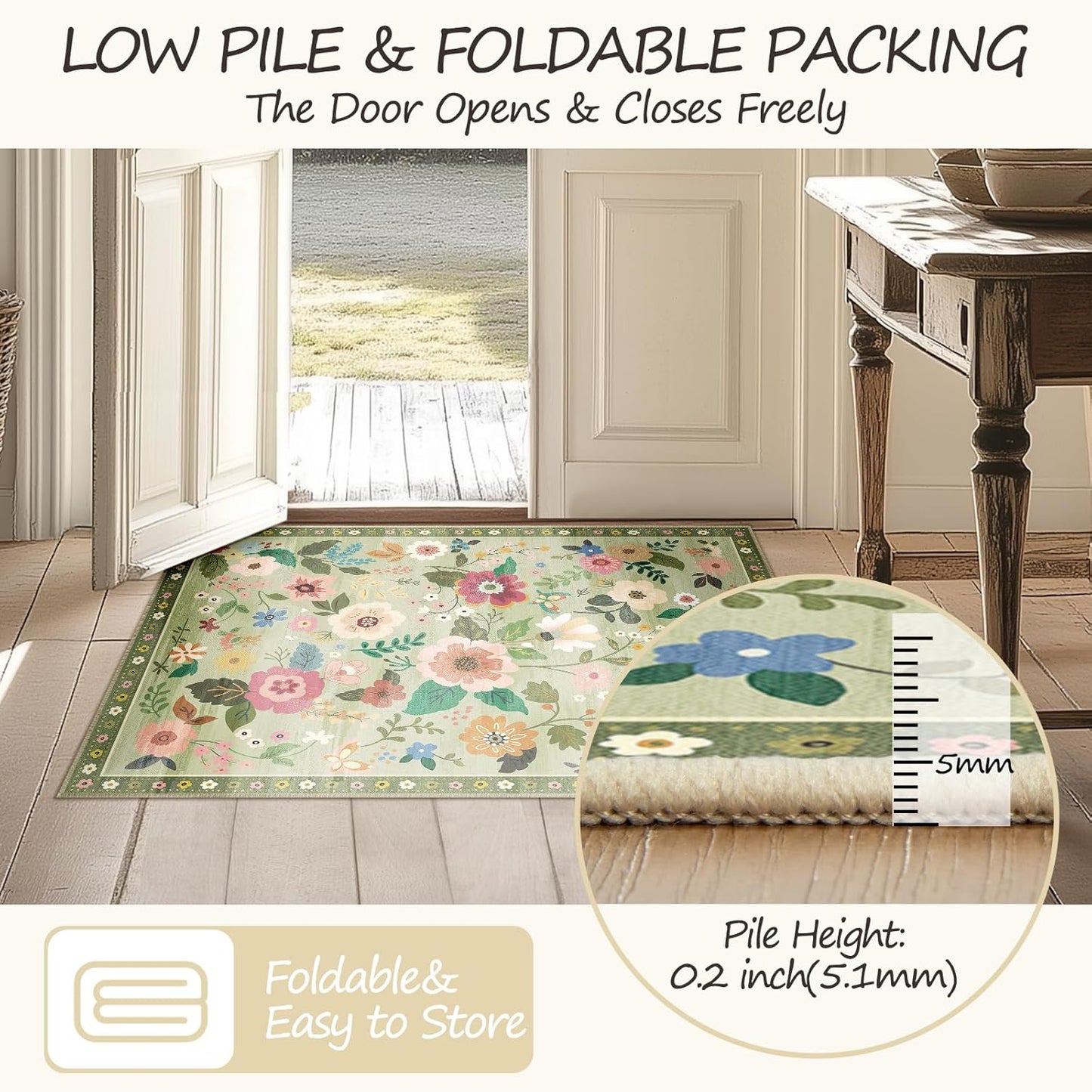 Floral 2x3 Area Rug Machine Washable Soft Print Boho Carpet Non Slip Doormat Low Pile Flower Area Rugs for Living Room Bedroom Nursery Kitchen Dining Room Indoor-Light Green