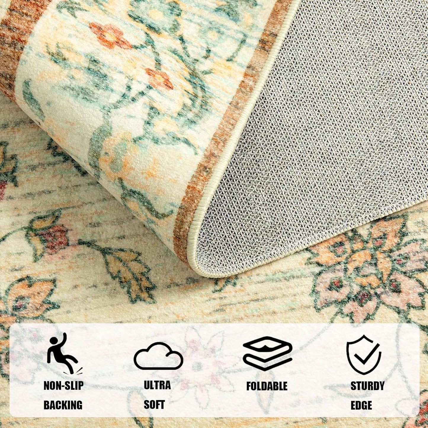 LOCHAS Washable Area Rugs 5x7, Beige Floral Rug for Living Room Bedroom Non Slip, Ultra Soft Vintage Indoor Carpet for Kids, Nursery, Dorm, Dining Room, Classroom, Boho Flower Home Decor, Low-Pile