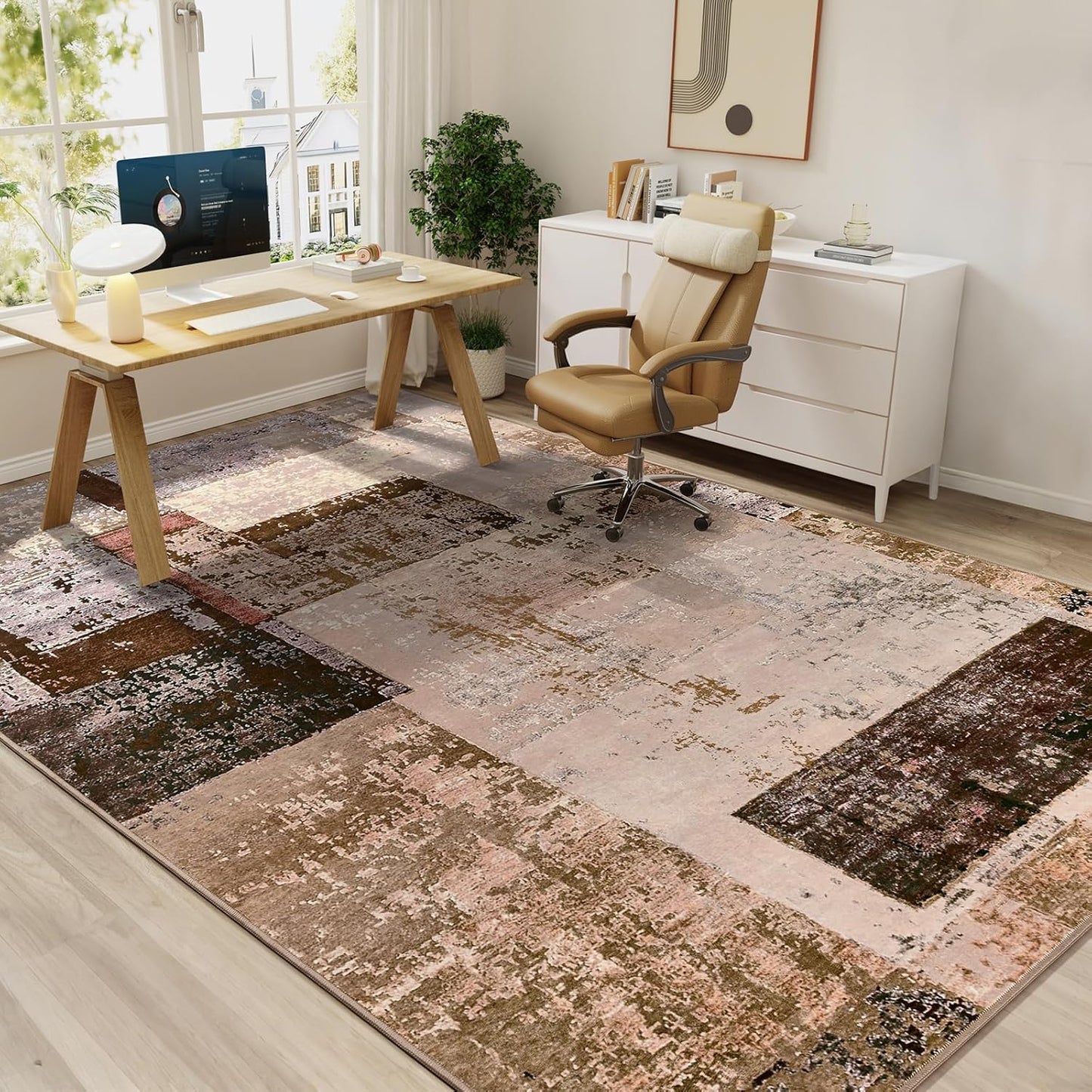 LOCHAS Rug for Living Room, Washable Soft Area Rugs for Bedroom 6x9, Abstract Carpet for Indoor Office Kids Dining Room Nursery Floor, Brown Geometric Vintage Home Decor, Non Slip, Pet Child Friendly