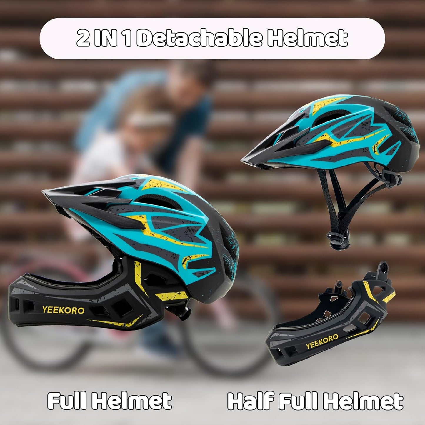 Kids Bike Helmet with Chin Guard, Adjustable Detachable Children’s Full Face Helmet for Girls and Boys, Cycling Helmets Skateboard, Scooter