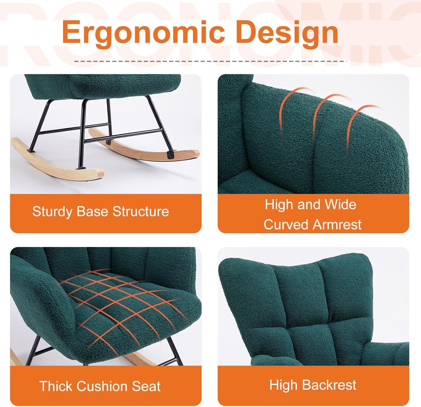 Sweetcrispy Rocking Chair Nursery, Teddy Upholstered Glider Rocker with High Backrest, Reading Chair Modern Rocking Accent Chairs Glider Chair for Nursery, Living Room, Bedroom, Deep Green