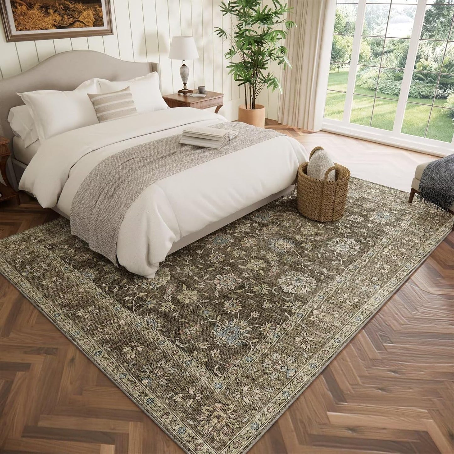 Washable 5x7 Area Rugs for Living Room, Boho Non-Slip Silicone Backing Rugs for Bedroom Dining Room Nursery Office, 0.3" Neutral Oriental Throw Carpet with 0.16" Cushioning Pad, Flaxen/Multi