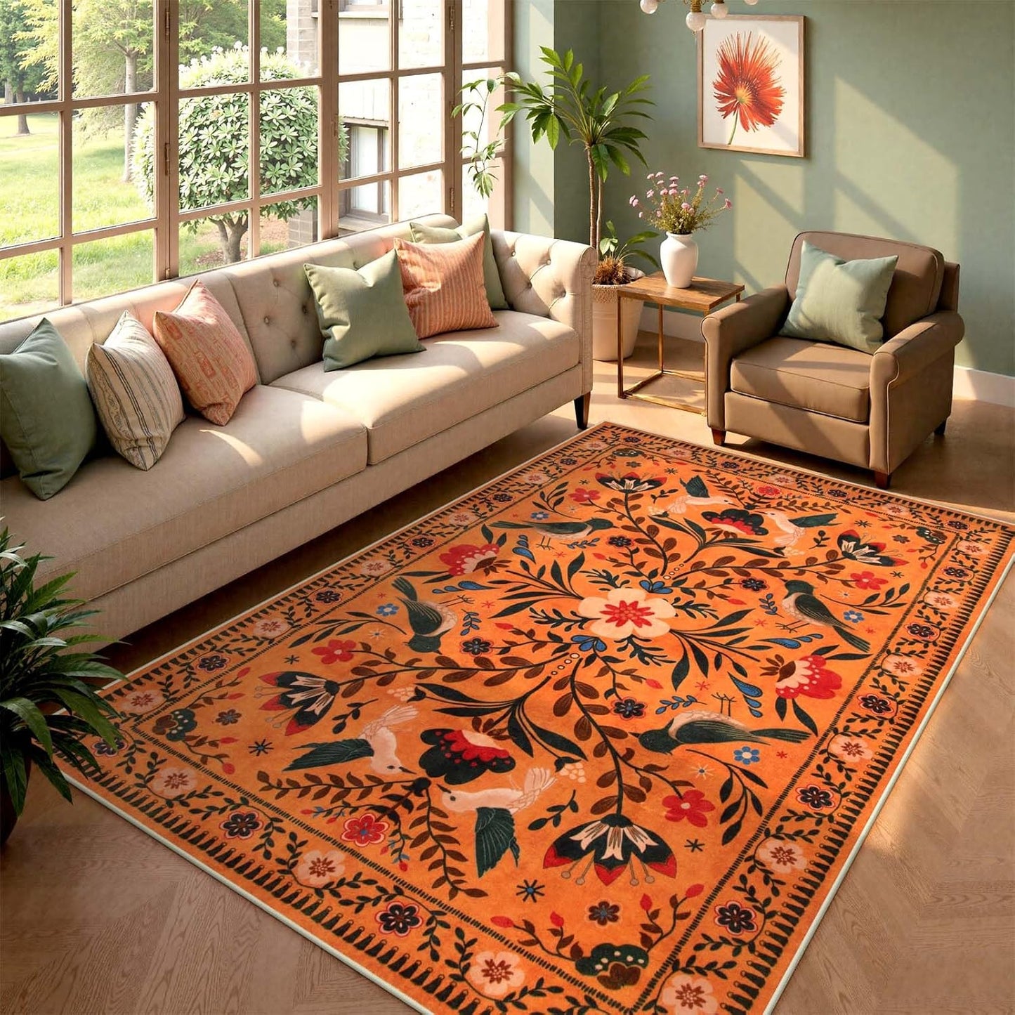 Moynesa Washable Area Rugs 5x7, Ultra Thin Soft Rugs for Living Room Bedroom Non Slip, Indoor Boho Bird Patterned Orange Floral Throw Carpet for Playroom Office Kitchen Stain Resistance