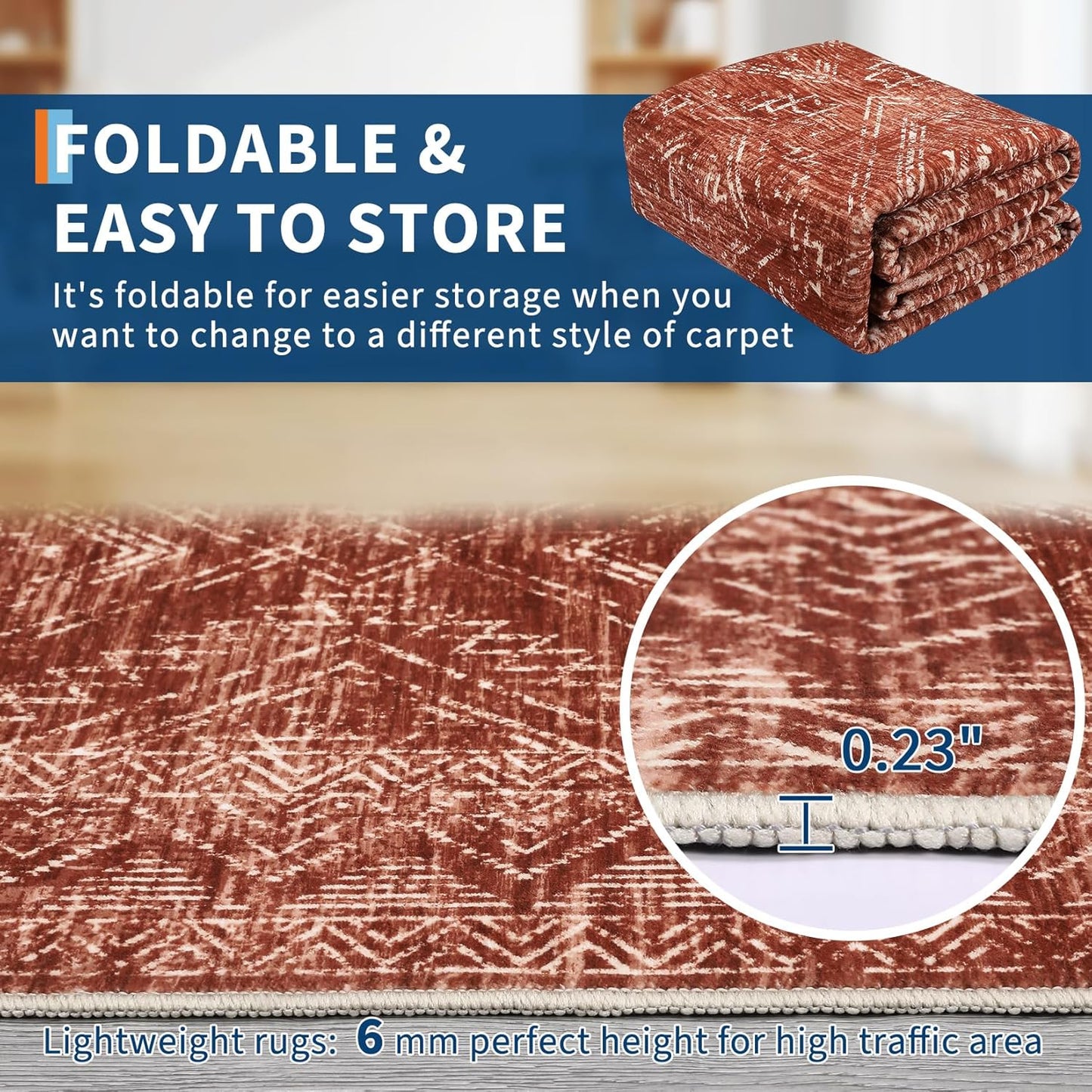 COZYLOOM 2x6 Rug Modern Indoor Area Rug Machine-Washable for Living Room or Hallway Softness Foldable Mat for Easy Storage Geometric Design Non Slip Rug Low Pile Stain Resistant Carpet, Brick Red